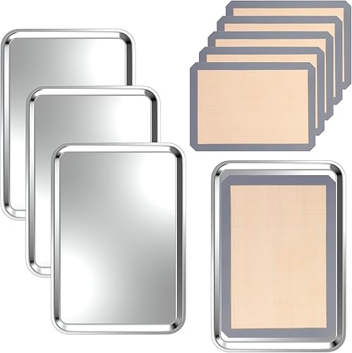 Nosiny Juego de 4 bandejas para hornear con alfombrilla de silicona, 6 alfombrillas reutilizables, de acero inoxidable, bandeja para hornear con