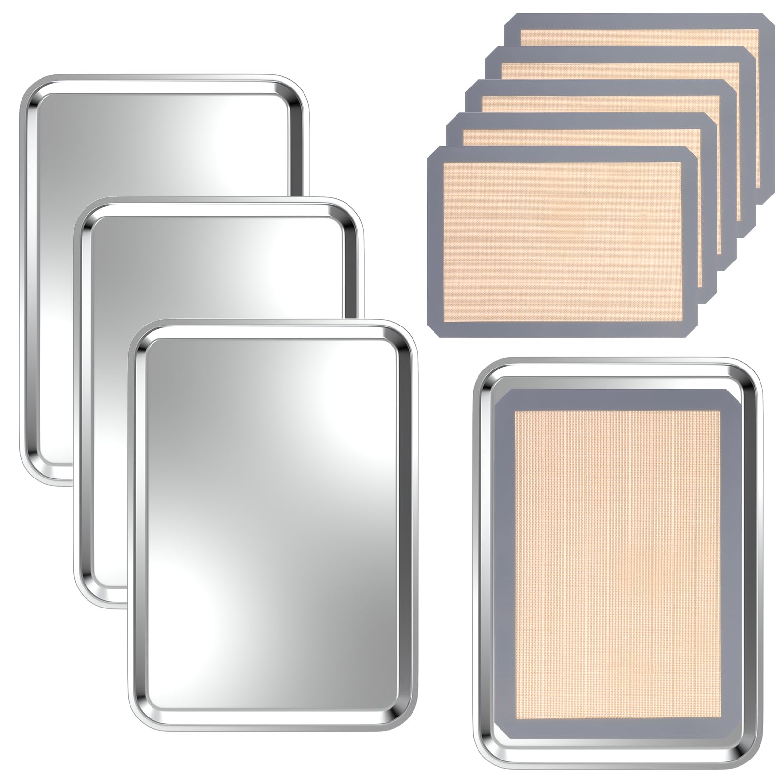 Nosiny 10 Stück Backblech mit Silikonmatte, Set mit 4 Bögen, 6 Matten, wiederverwendbar, Edelstahl, Keksblech, Backform mit Silikon-Backmatte, strapazierfähig, leicht zu reinigen, zum Backen, Braten