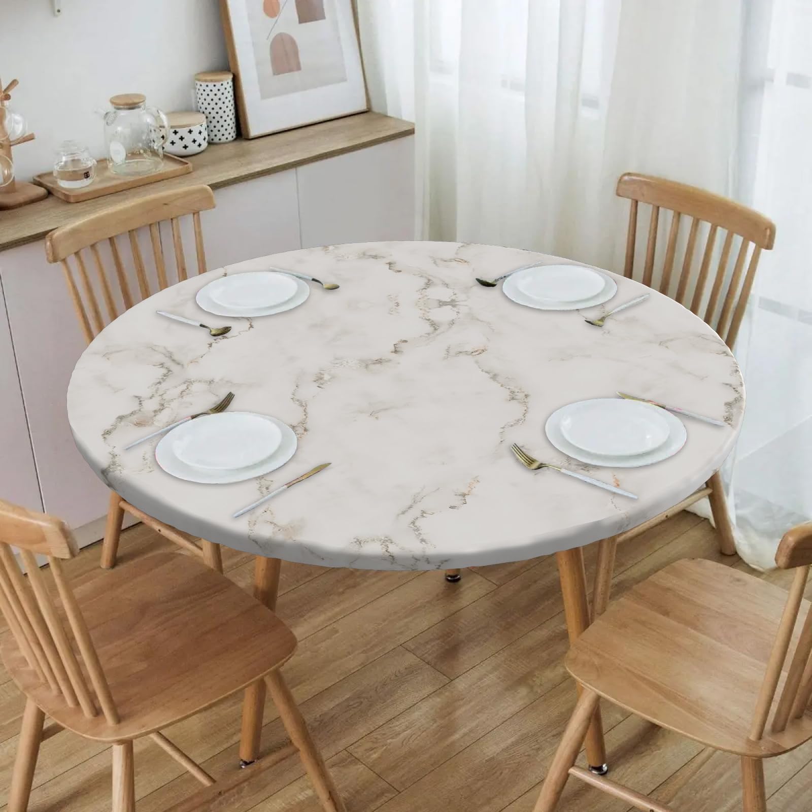 bnhjsdw Elastic Round Tablecloth - Fit for 45-54” Tables, Round Fitted Table Cloth with Elastic Edge, Water Resistant Washable Table Covers for Dining