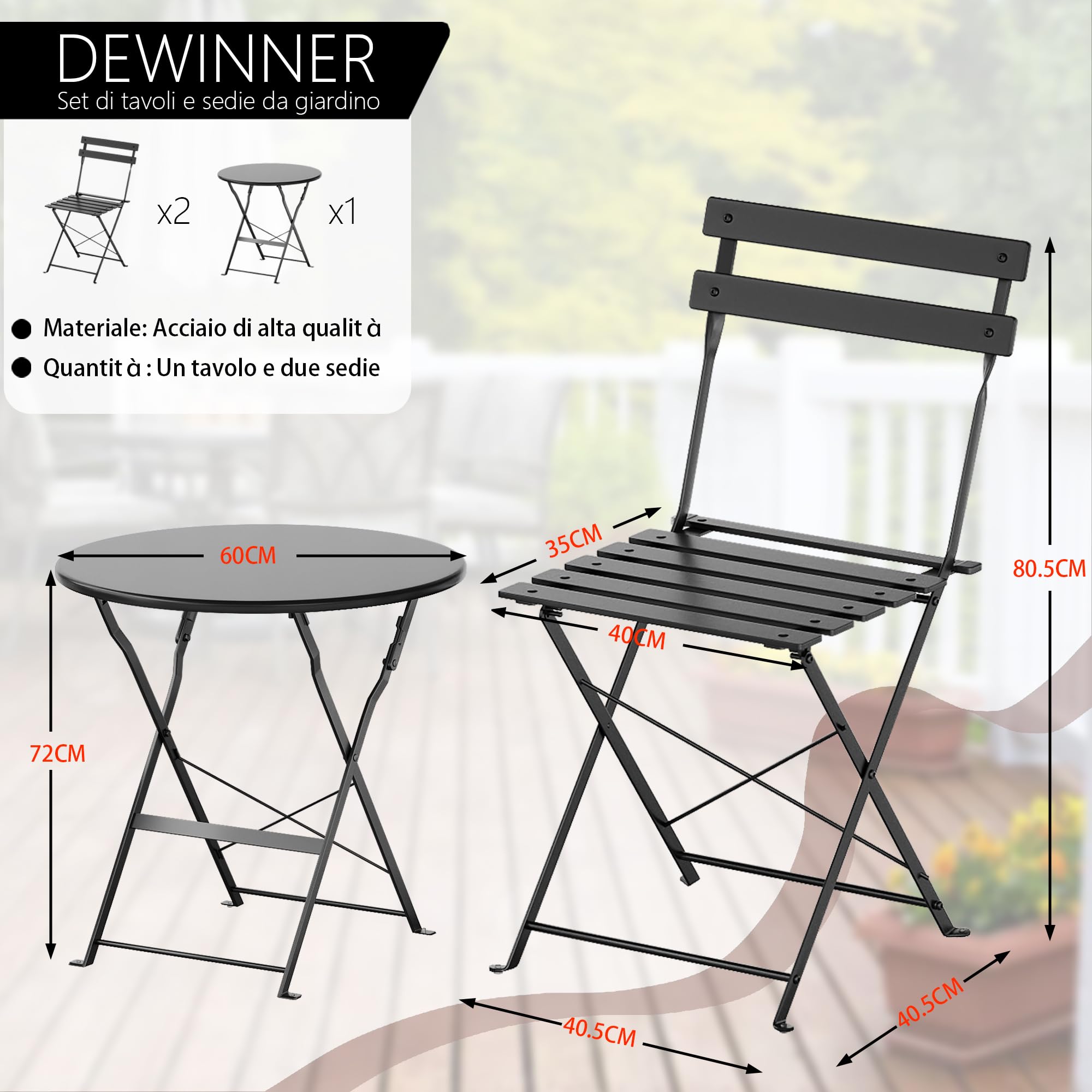 DEWINNER Set tavolo e sedie, pieghevole, set tavolo e sedie da giardino in tre pezzi, 1 tavolo e 2 sedie, con tovaglia impermeabile, set di mobili da balcone