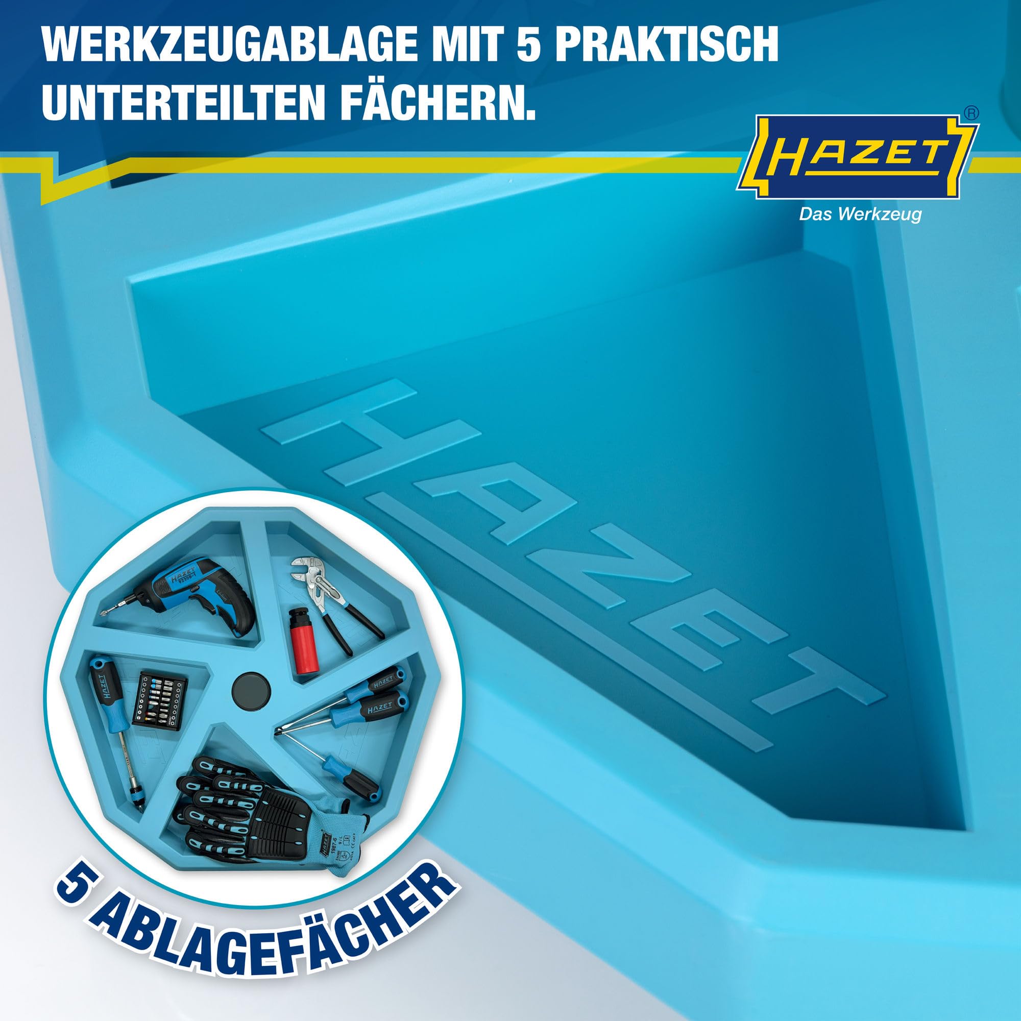HAZET Arbeitssitz 195N-4, stabile Vierkant-Rohrrahmenkonstruktion, 5 Leichtlaufrollen 75 mm, höhenverstellbar 430-550 mm, belastbar bis 150 kg, großes Sitzkissen 350 mm