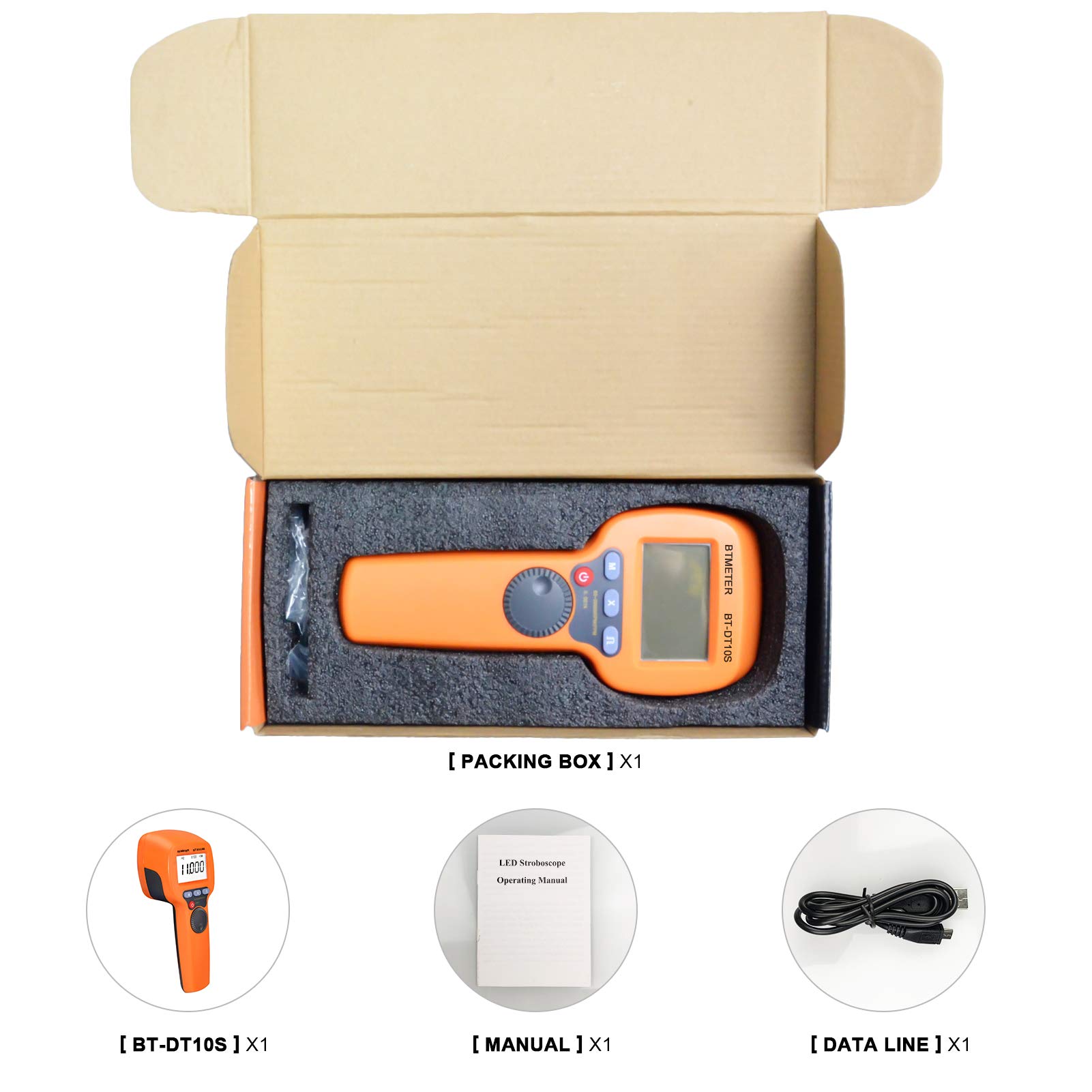 BTMETER Stroboscopio portatile digitale BT-DT10S, contagiri stroboscopico flash LED, 60~99999 FPM Tachimetro Hz Velocity Tester,Analizzatore di velocità di rotazione senza contatto