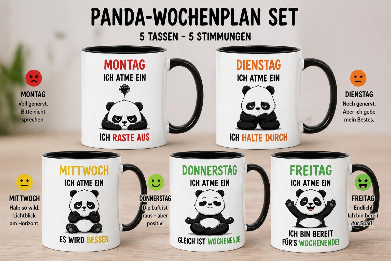Lustige Tassen Set 5er – Büro Geschenk für Kollegen – Kaffeetassen mit Spruch Montag bis Freitag – Humor Kaffee Becher Set – Panda