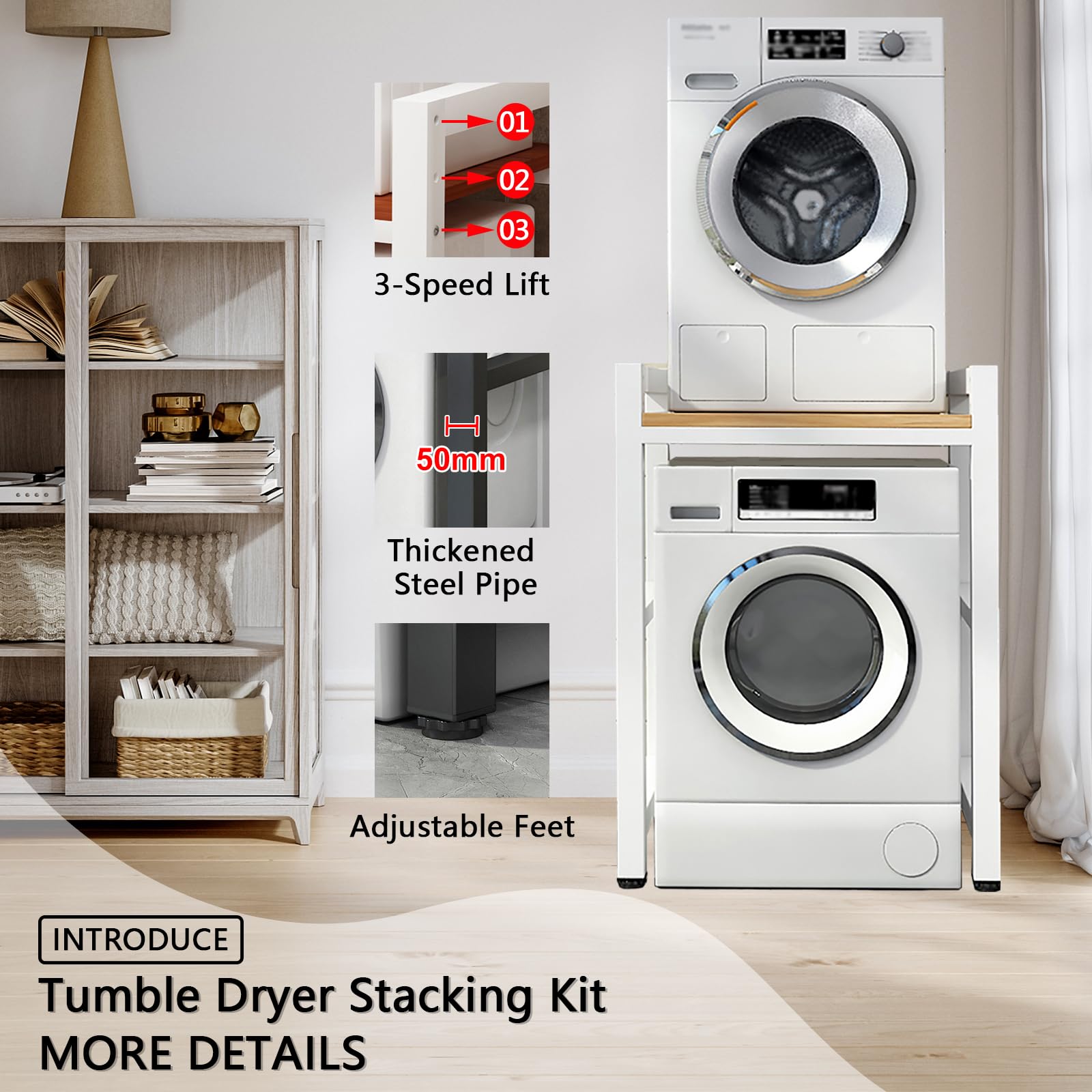 Soportes para lavadoras-secadoras Soporte de Carga 800Kg, Ajustable en Altura de 3 Niveles Mueble Para Lavadora y Secadora, Tubo Cuadrado de 1mm Espesor Estanterías para baño (BLACK, 75x65x105cm)