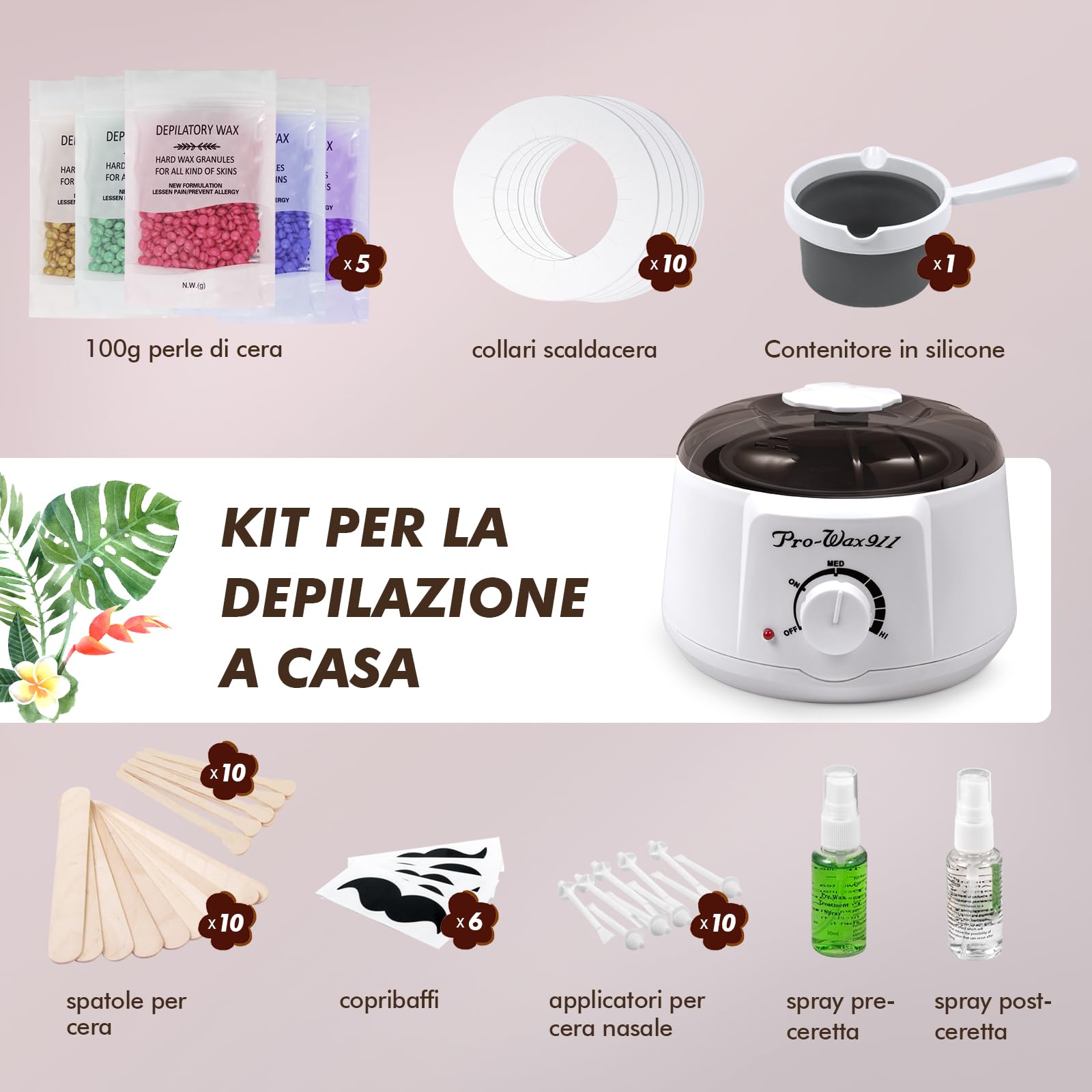 Kit per ceretta, vaso di cera per depilazione, kit scaldacera per ceretta professionale, 5 confezioni di perline di cera, macchina per ceretta indolore per su tutto il corpo