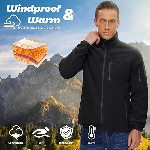 Miniatura 3 de MAGNIVIT Chaqueta de forro polar táctica con cremallera completa para hombre, abrigo polar suave con 5 bolsillos con cremallera para otoño e invierno