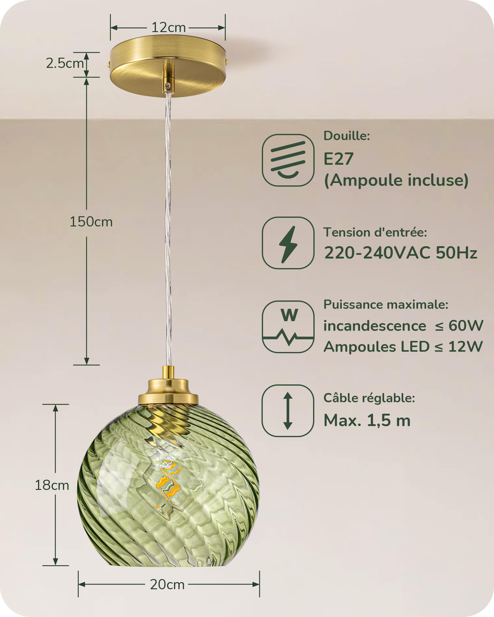 EDISHINE Suspension Verre Ondulé, Vert Menthe, Réglable 1,5 m