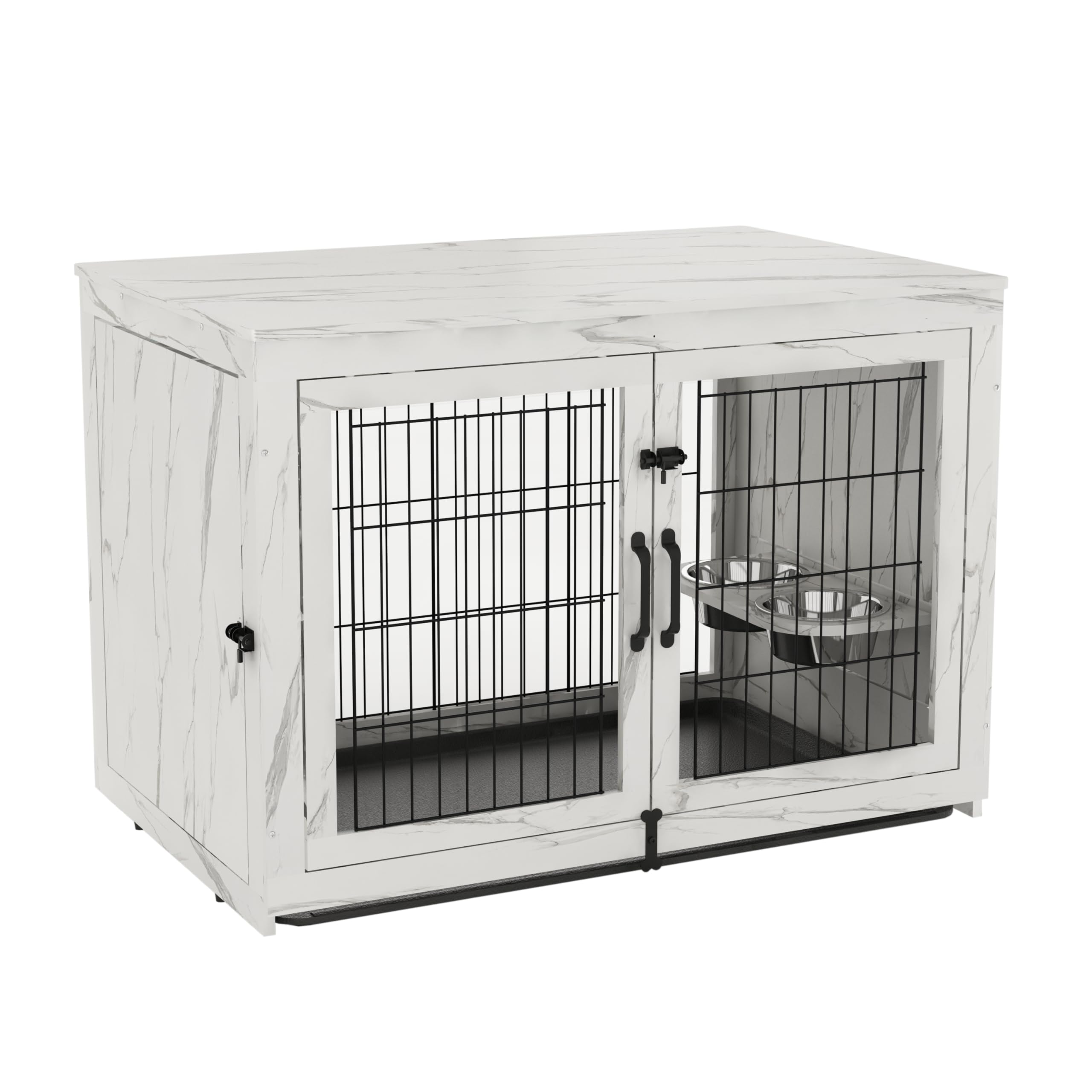 Piskyet Wooden Dog Crate Furniture with 360¡ãRotatable Removable Dog Bowls, Dog Crate End Table with Tray, Double Doors Dog Kennels Indoor (XL:43L*28W*30.5H, Marble White)