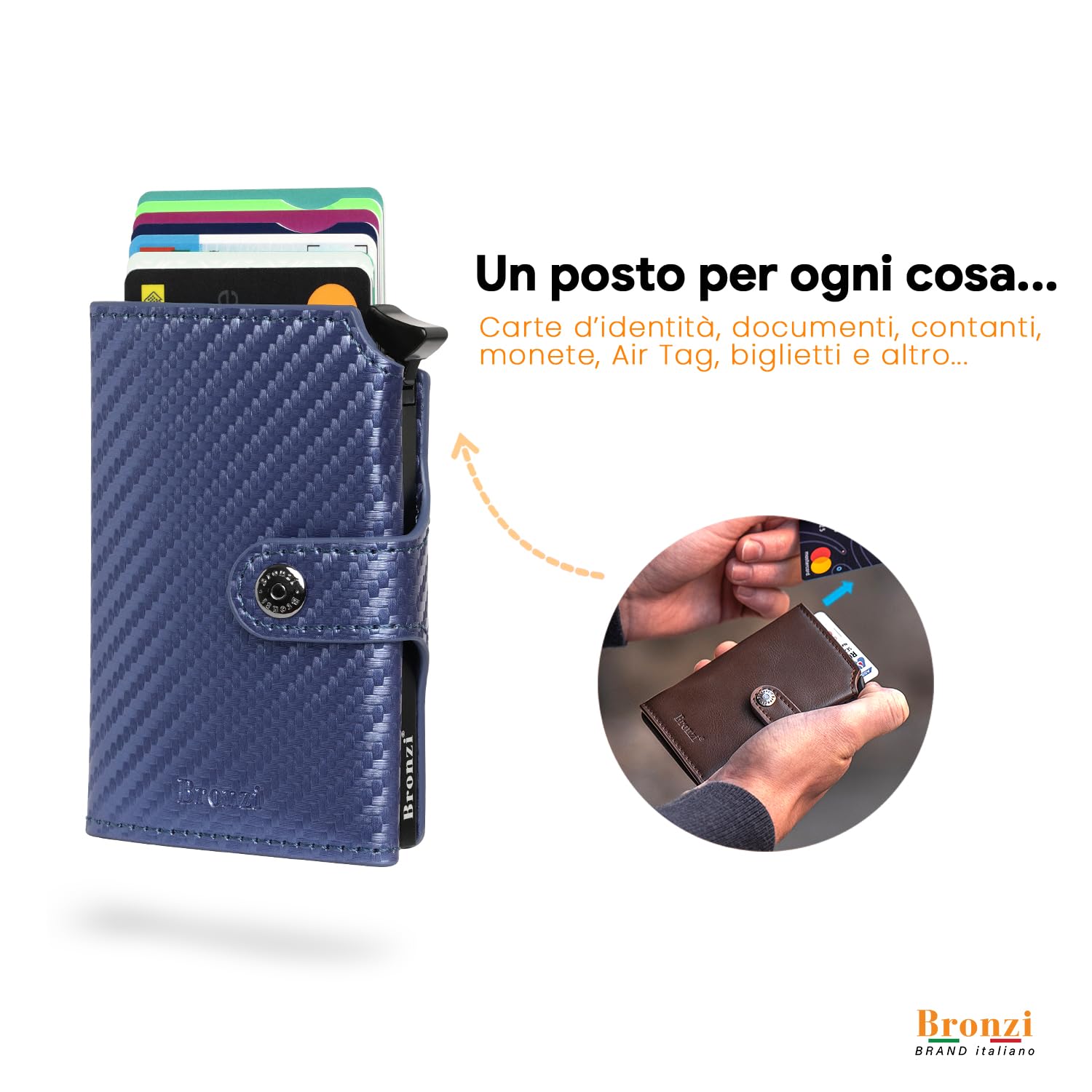 Bronzi Portafoglio Uomo Portafogli Uomo Piccolo Slim - Porta Carte Di Credito Uomo - Portacarte Con Portamonete - Regalo Uomo - Porta Tessere Portafogli Italiano (Blu Fibra Di Carbonio)