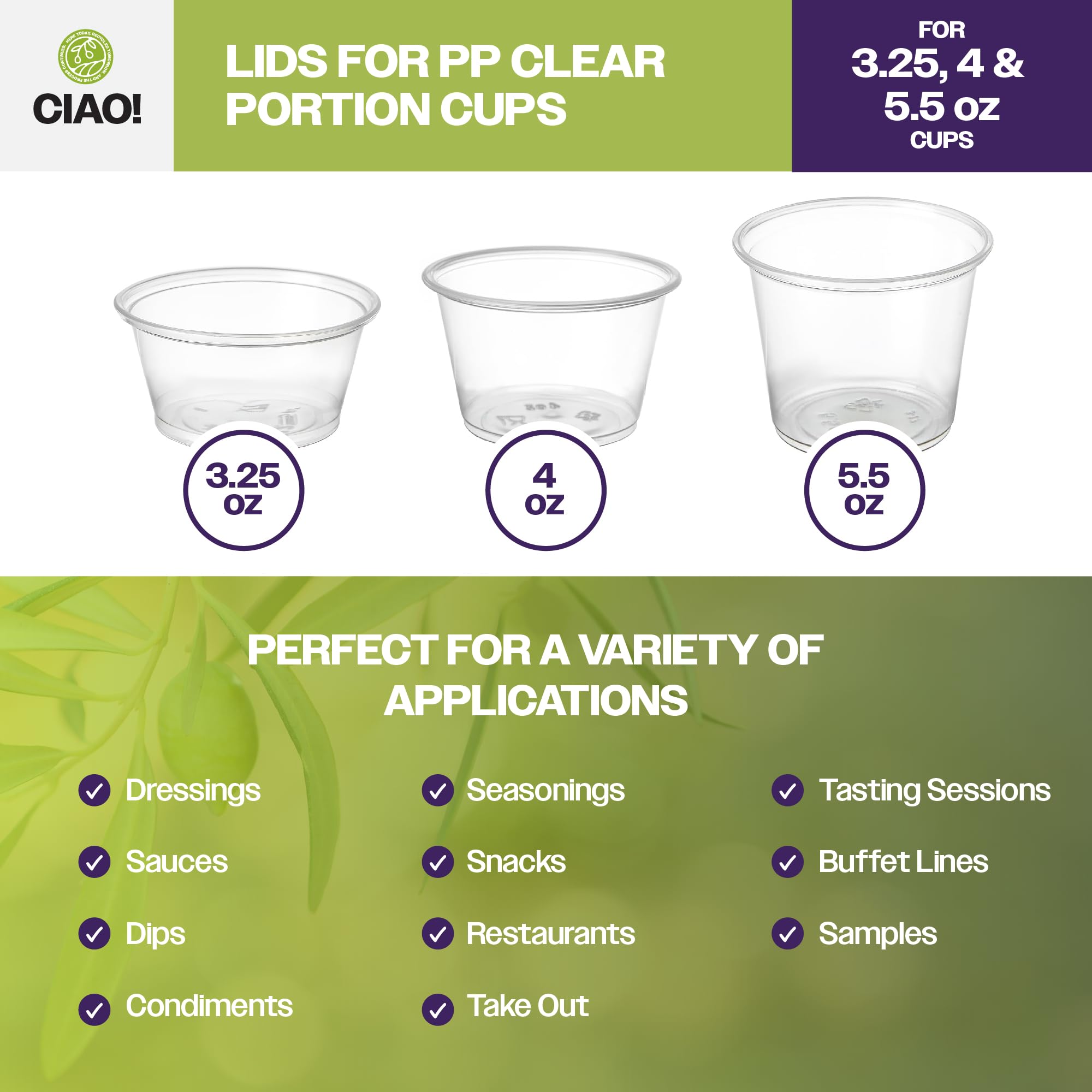 CIAO! Tapa de PET transparente para tazas de porciones de 3.25, 4 y 5.5 onzas, 74 mm de diámetro (caja de 2.500)