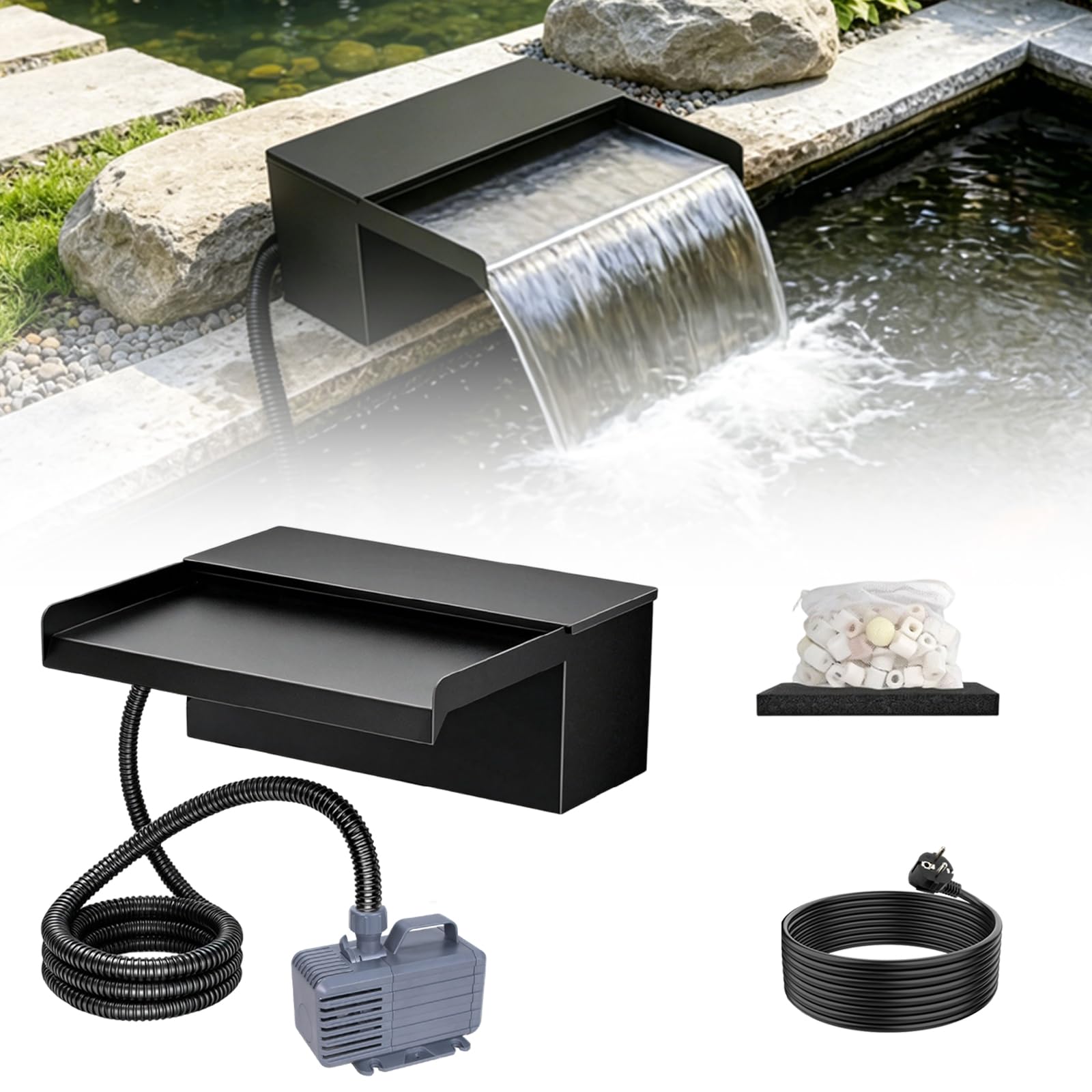 Teichwasserfall Set, 20cm Edelstahl Wasserfall Teich Überlauf für Gartenteich Komplett mit Pumpe Filter, 2500 L/H Pumpe, 3 m Schlauch für Gartenteich Wasserspiel Garten Deko Patio Terrasse Außenteich