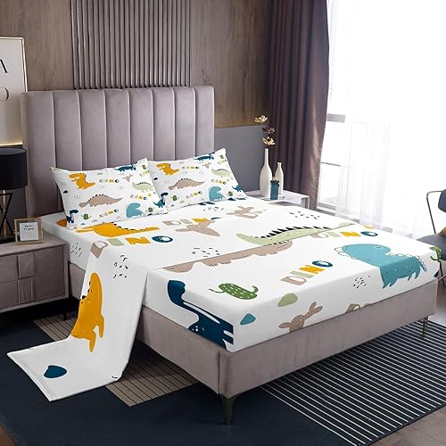 Juego de sábanas de dinosaurio lindo de dibujos animados de cactus, juego de sábanas decorativas de dinosaurio de selva bohemio con sábana bajera de