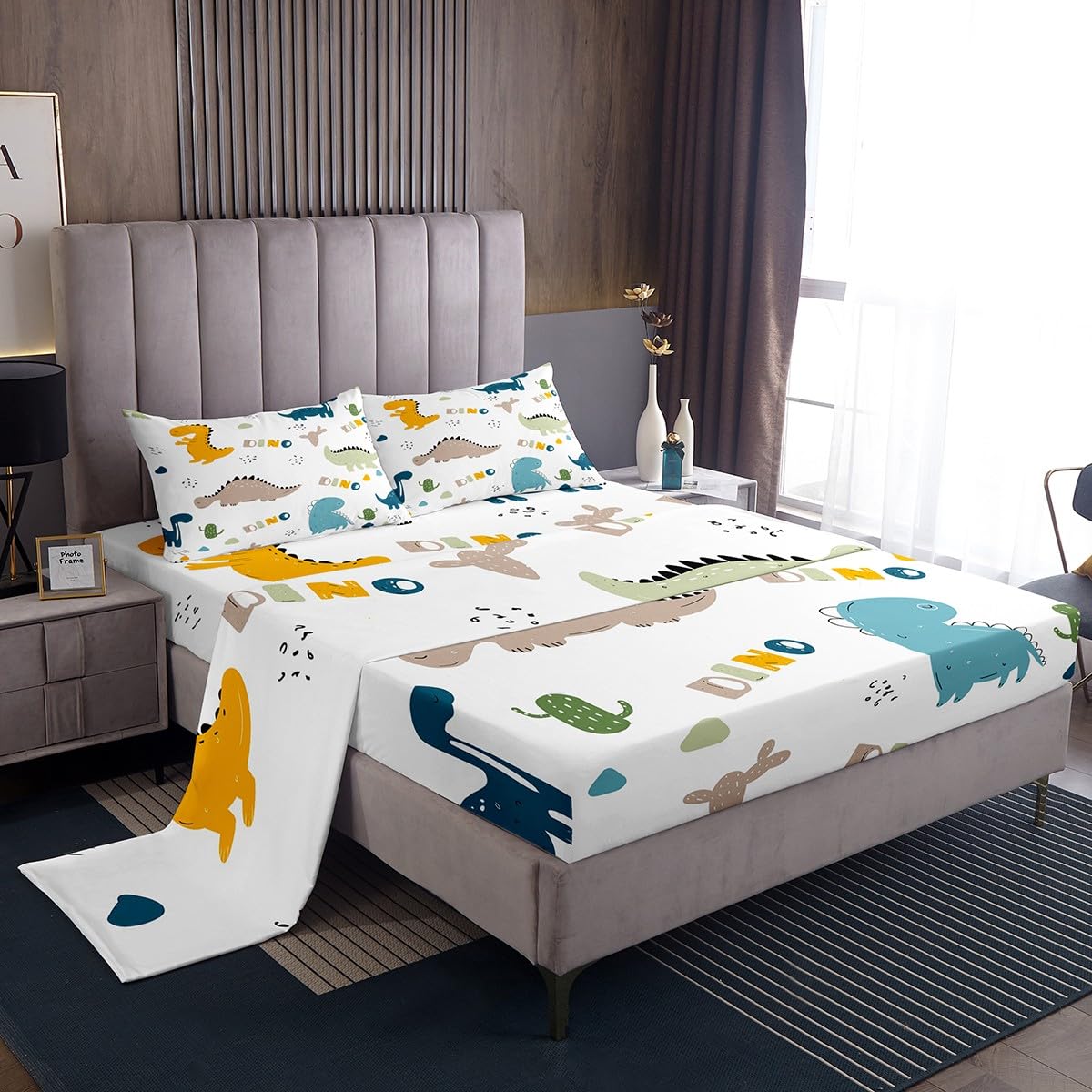 Cute Dinosaur Sheet Set Cartoon Cactus Bed Sheets Set Decor Jungle Dino Boho Succulent Sheets with Deep Pocket Fitted Sheet Wild Animal Pattern Yellow