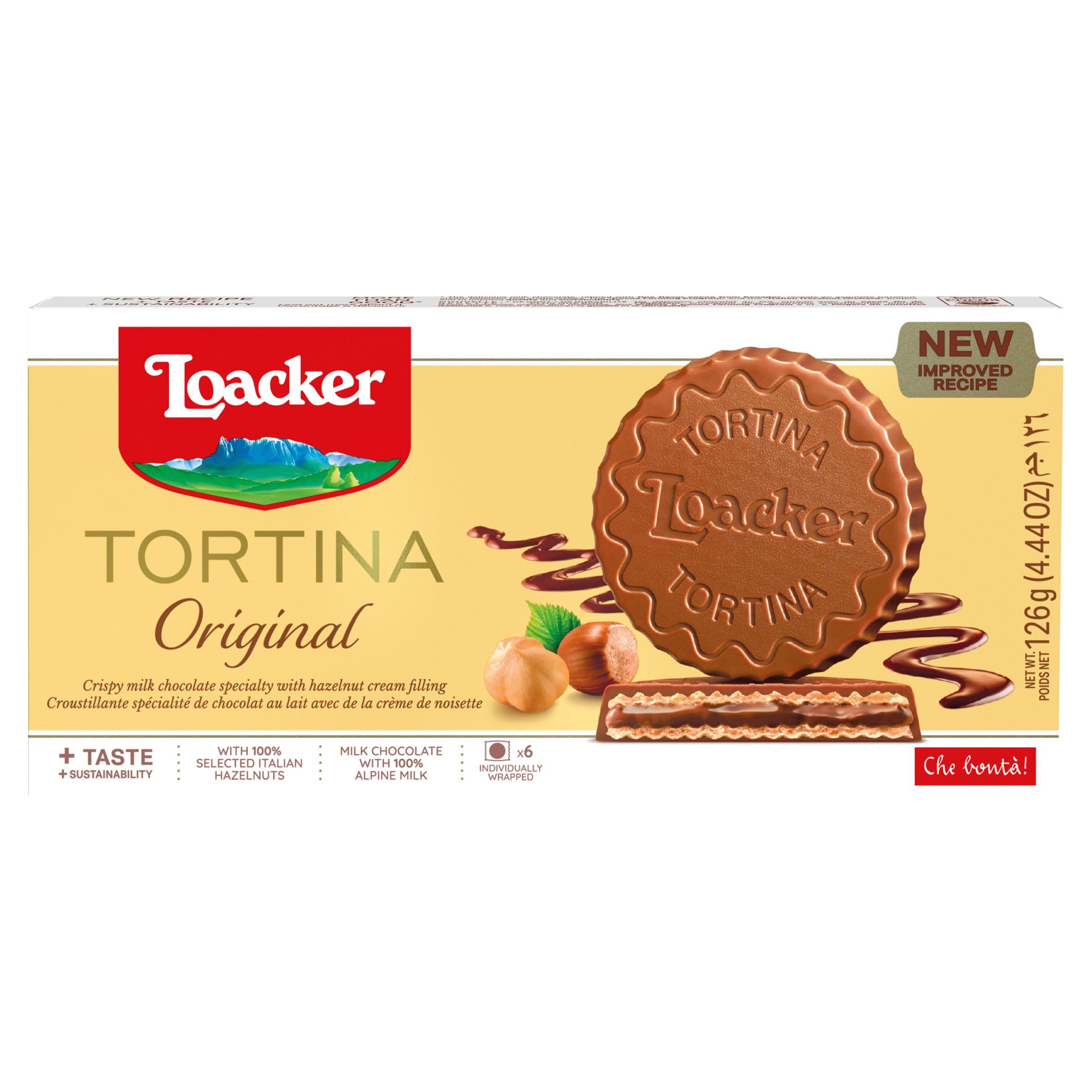 Loacker Tortina Wafers, Original Chocolate Hazelnut Flavour, Box of Chocolate Biscuits, Classic Italian Cookie, All Natural Ingredients, Single Pack 126g - 6 individually wrapped