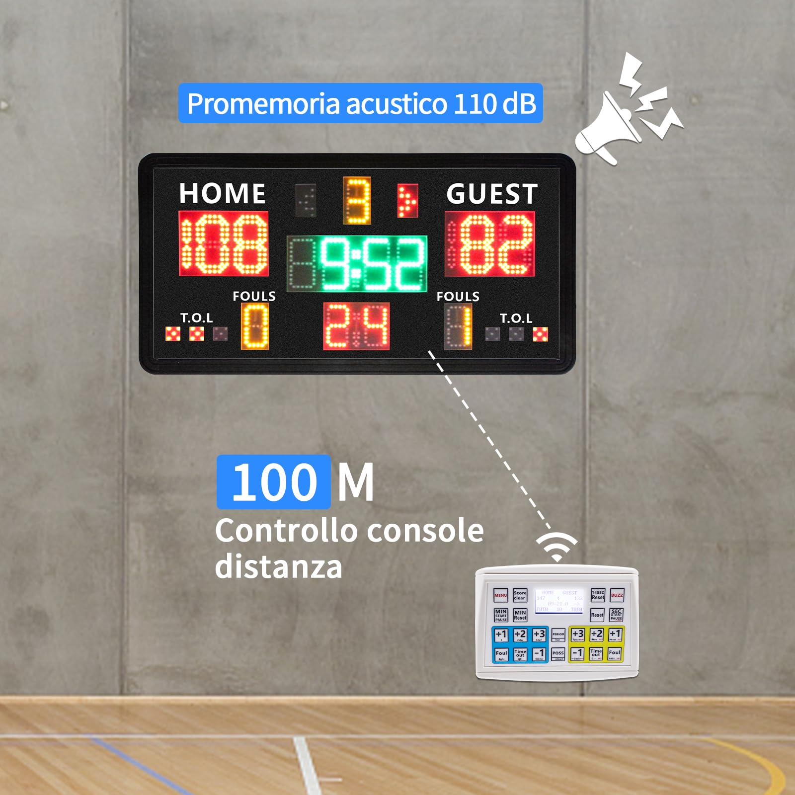 Tabellone segnapunti elettronico di Grandi Dimensioni Telecomando, tabellone segnapunti Digitale da Parete e Timer, cronometro per tiri da Basket 14/24 Secondi e Tempo Personalizzato