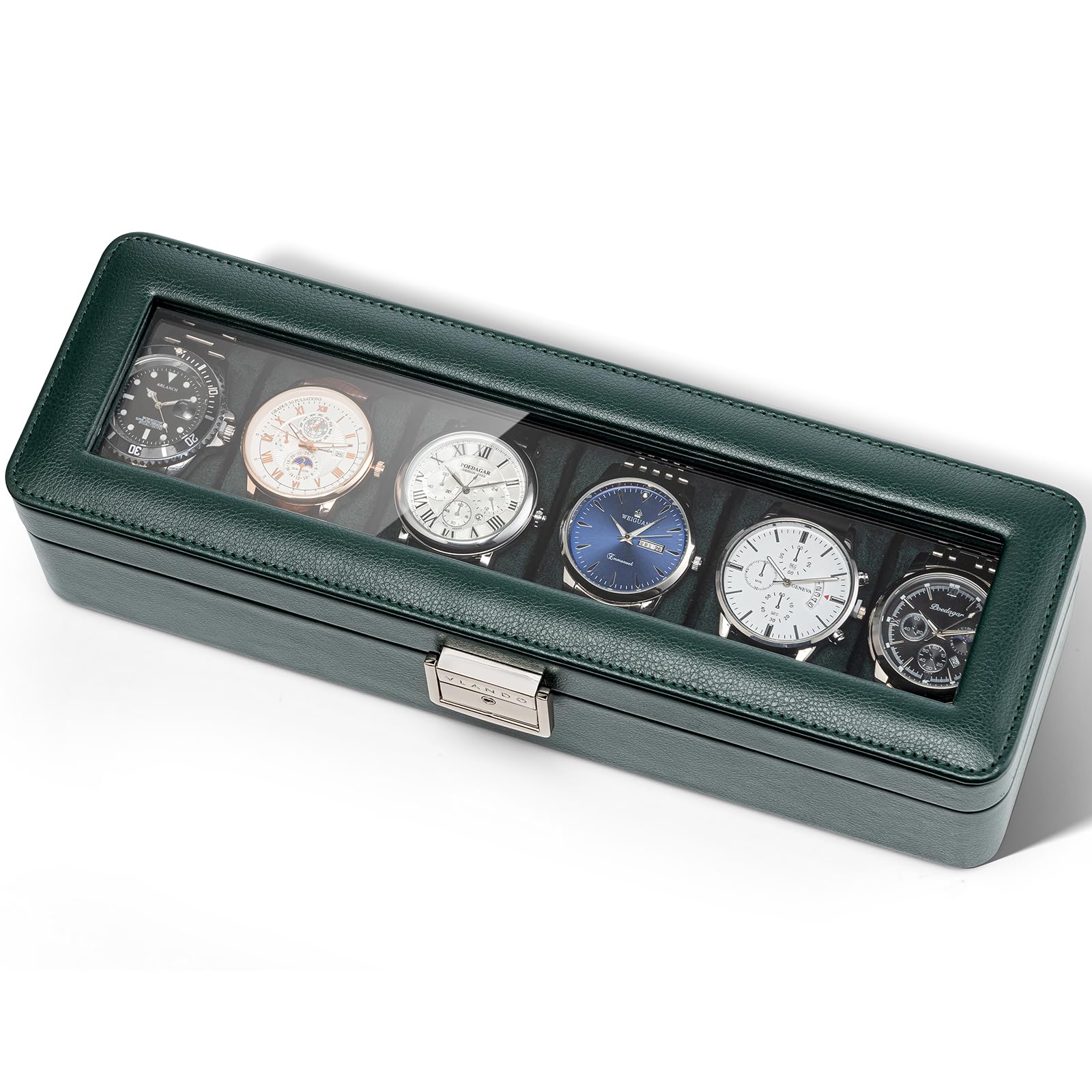 Vlando Watch Case for Men, 6-Slot Watch Box with Glass Lid, Lockable, Business Lychee Leather, Soft Pillow, Gift for Fathers, Husband, Friend - Dark Green