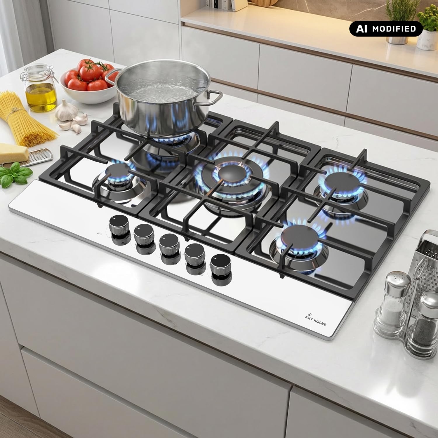 KKT KOLBE Placa de gas 74 cm inox sin marco | 5 fuegos 10,6 kW con zona wok | mandos giratorios, parrillas de hierro fundido | apta gas natural y propano | G805ED