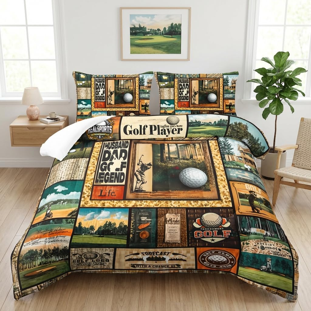 AILONEN Golf Comforter Set Queen Size, Geometric Patchwork Plaid Bedding Set for Kids Teens Adults,Modern Ball Sports Duvet Set,1 Quilt + 2 Pillowcases,3Pcs