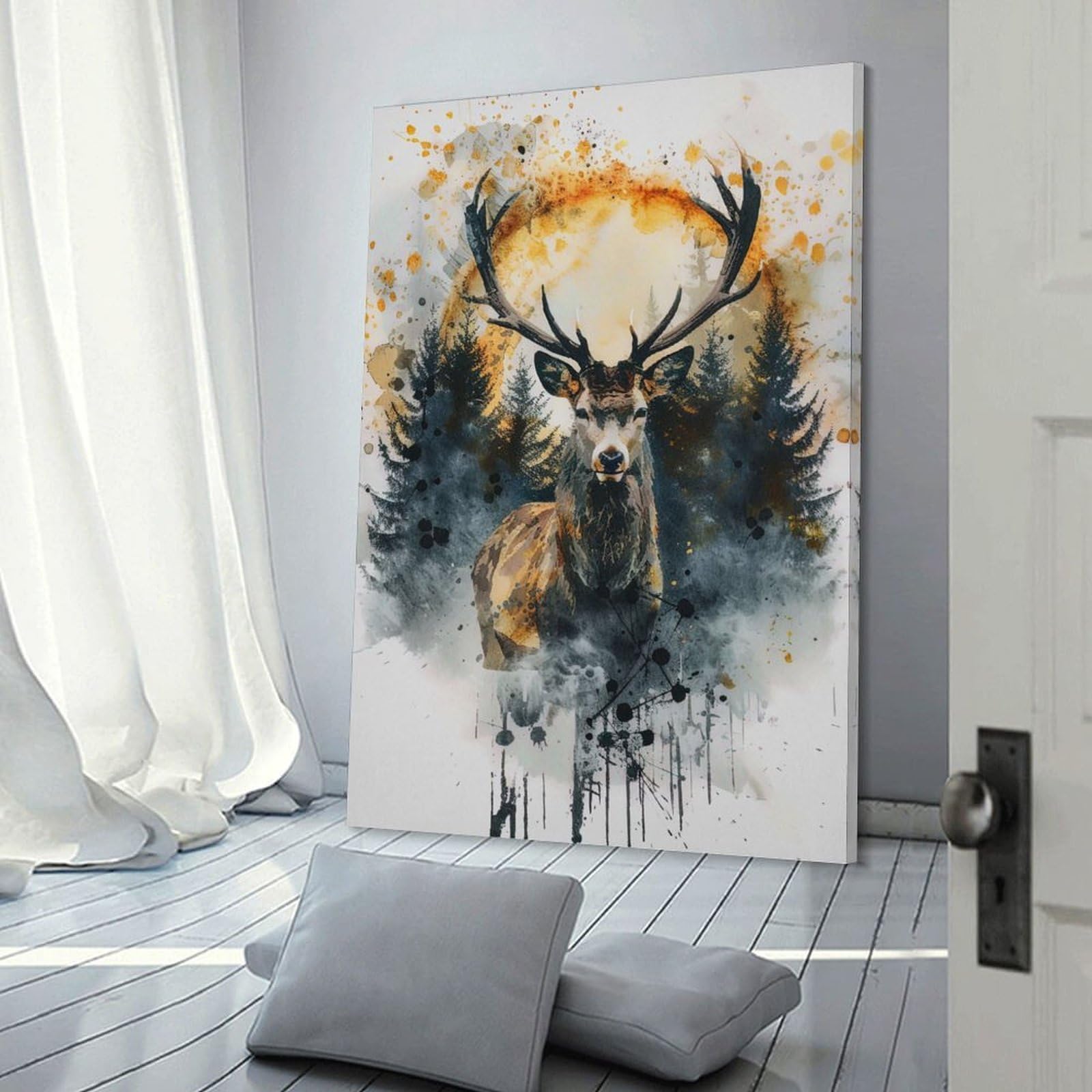 Junmoney Deer Watercolor Canvas Wall Decor, 24x36inch(60x90cm), for Home Walls, Creative Rooms Or Shared Spaces, Stylish Home Artwork for Focal Walls