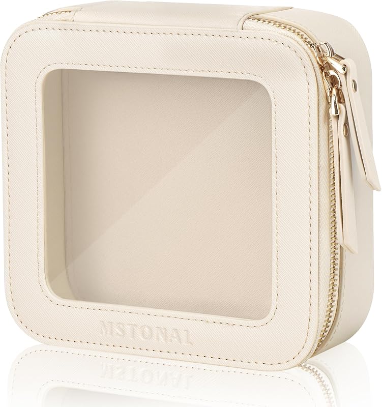 Necessaire de maquiagem transparente MSTONAL, retangular, bege, com zíper, mini