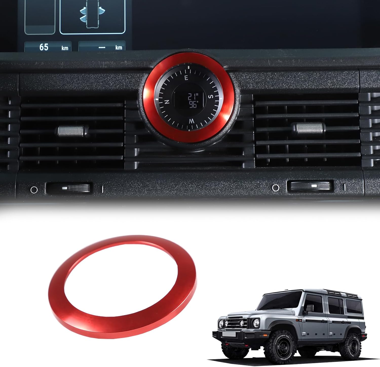 1PCS Vent Ring Trim Cover Center Compass Trim Ring Compatible with INEOS Grenadier 2020-2024 Aluminum Alloy Air Conditioning Outlet Trim Decoration Accessories (Red)