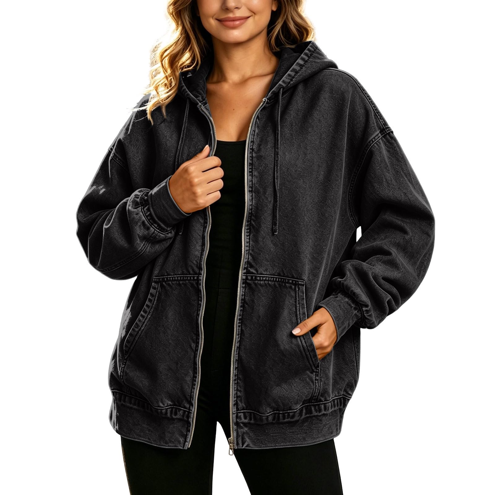 Giacche di jeans da donna vintage oversize con zip con cappuccio cappotto di jeans da donna primavera autunno casual felpe con cappuccio larghe leggere giacca da camionista per il tempo libero