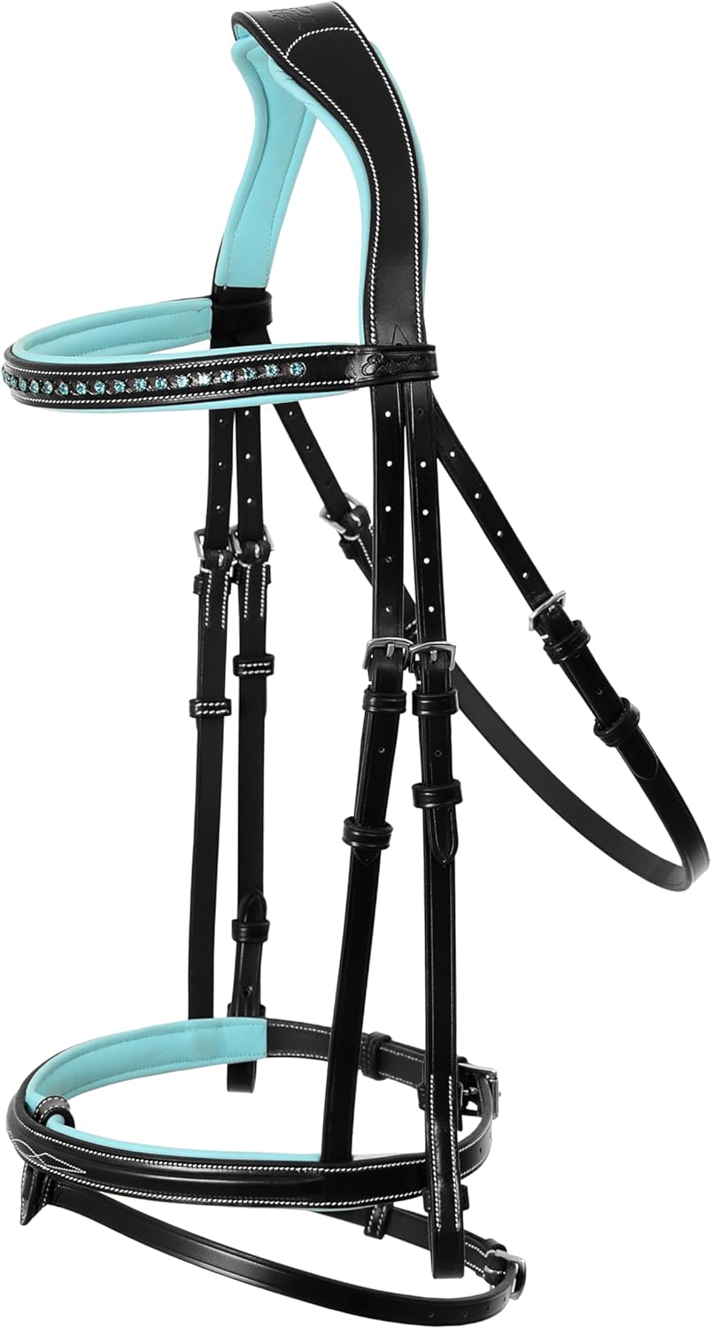 Exion Anatomical English Horse Bridle with Blue Crystal Bling Browband- Baby Blue Padded Jumping Bridle with Flash Noseband & Rubber Reins- Comfort Crown - Black or Havana Brown - Full