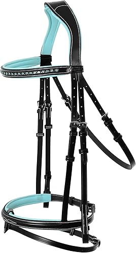 Exion - Brida brillante en banda para la ceja y banda nasal con suave acolchado de cuero azul bebé brida de salto y rienda de goma Brida inglesa