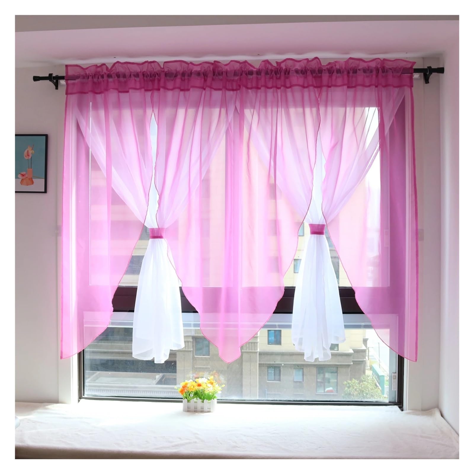 DJSKLDF Short Curtains Solid Voile Veil Livingroom Balcony Bedroom Curtain Sheer Short Kitchen Window Treatments(Rose red,NARROW PLEATED TAPE_W200CM X H100CM)