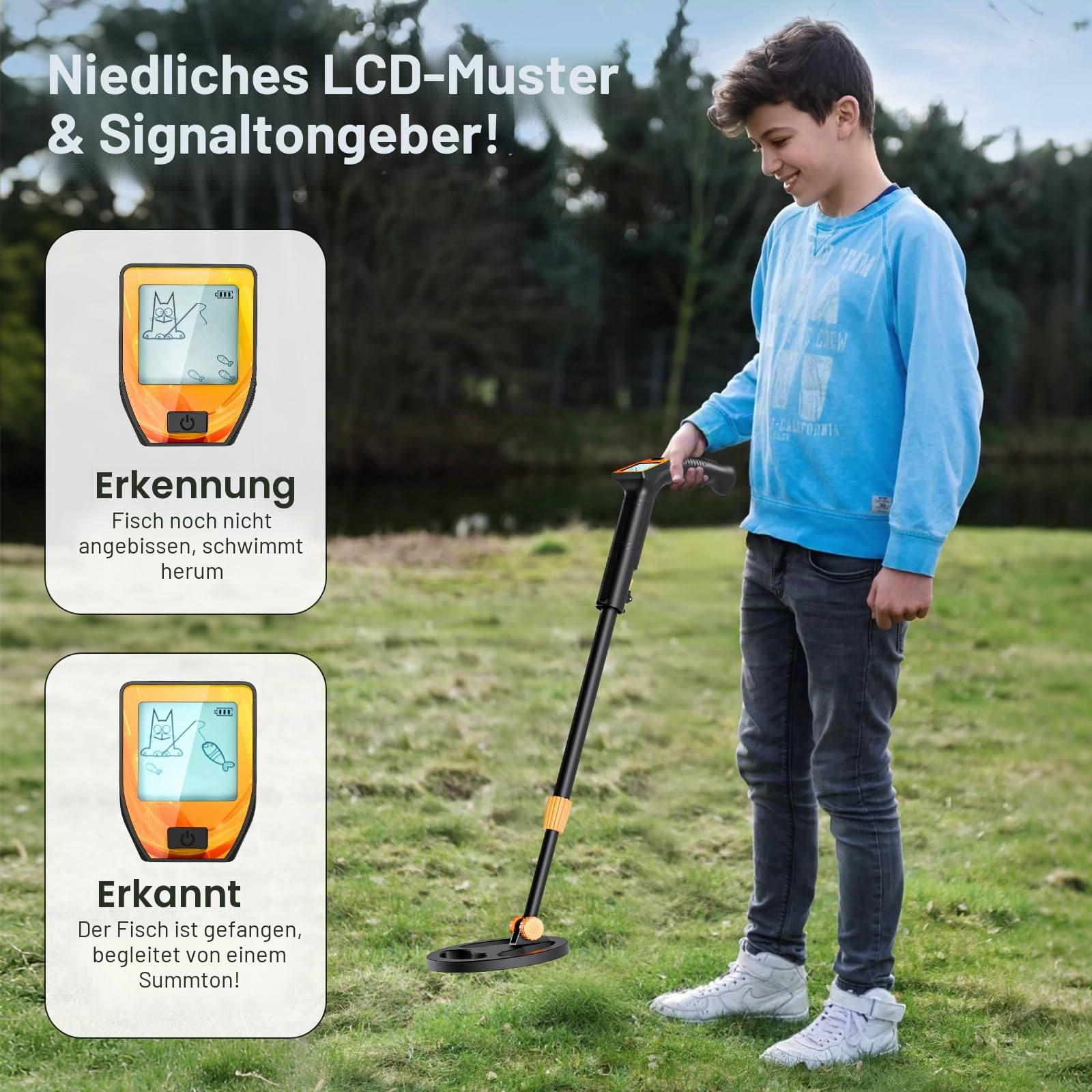 Metalldetektor für Kinder, Verstellbare Länge (16"-35") Metalldetektor, LCD-Display & Leichter Metalldetektor Kinder mit 6.5" Wasserdichter Spule, Schaufel, Rechen zum Erkennen von Münzen(Orange)