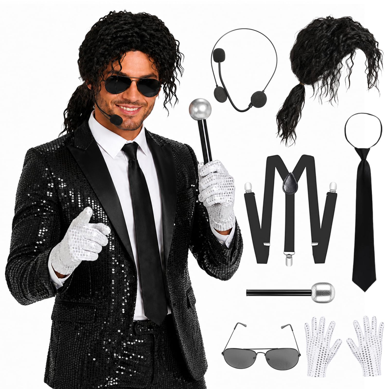 SINSEN 7Pcs Pop Star Costume Accessories for Adults Men 80s Dancer Rocker Star Disco King of Pop Fancy Dress Accessories with Jazz Sequin Hat Glove Tie Sunglasses for Halloween Cosplay Theme Party