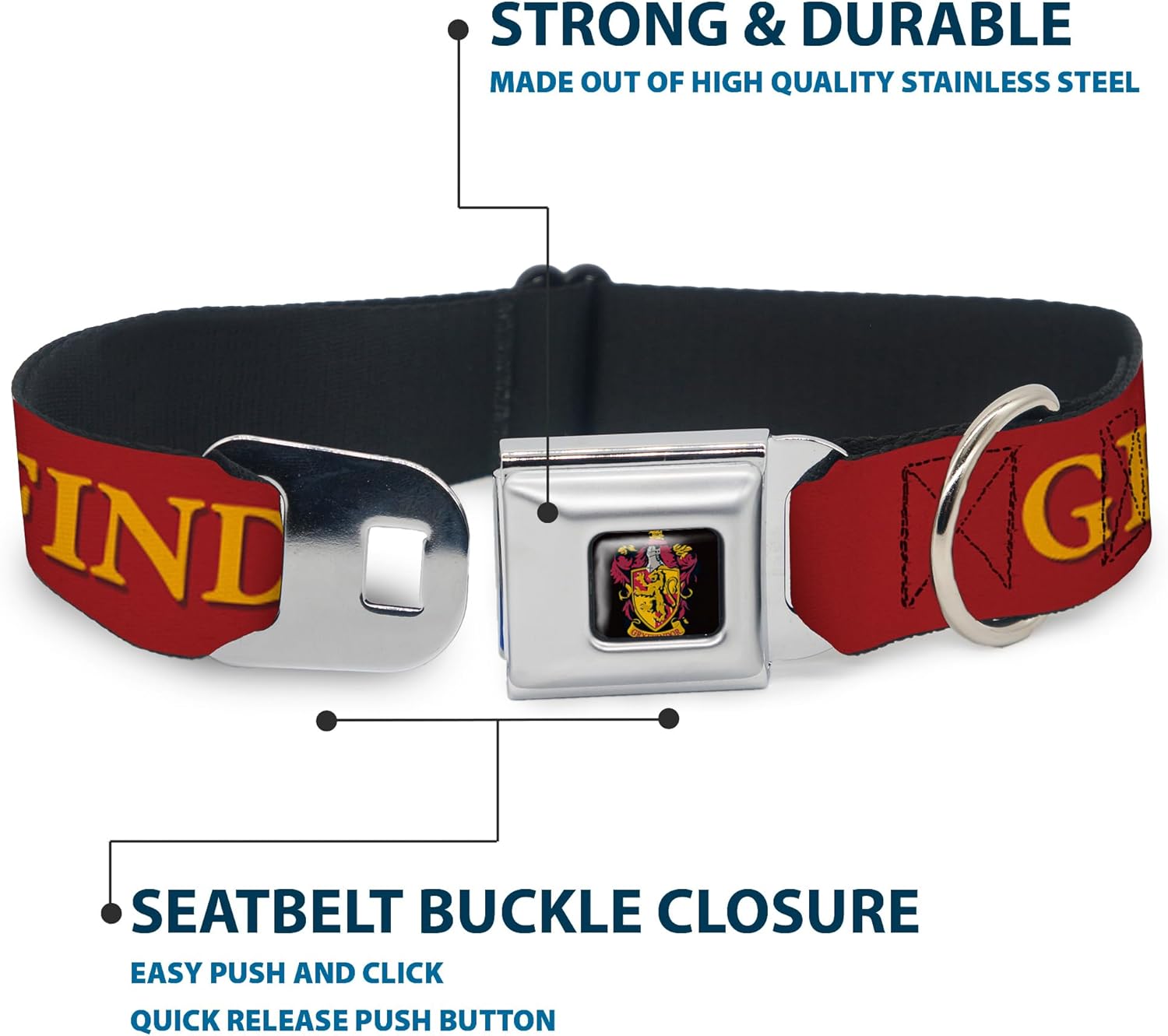 Dog Collar Seatbelt Buckle Harry Potter Gryffindor Crest Black Red 20 to 31 Inches 1.5 Inch Wide