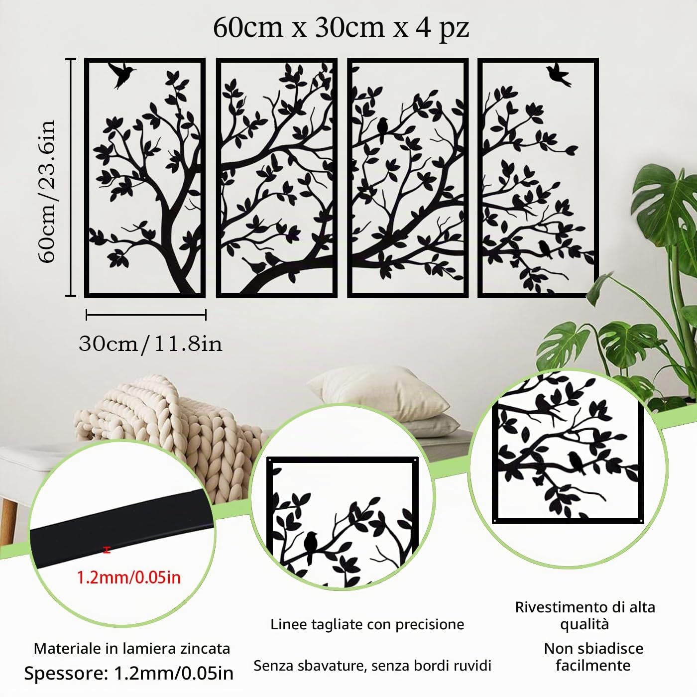 Arte da Parete Albero della Vita in Metallo Decorazione 4 Pannelli Arte da Parete Albero della Vita in Metallo per Regalo Giardino Casa Camera da Letto Soggiorno (60 cm * 30 cm / 23,6 pollici * 11,8