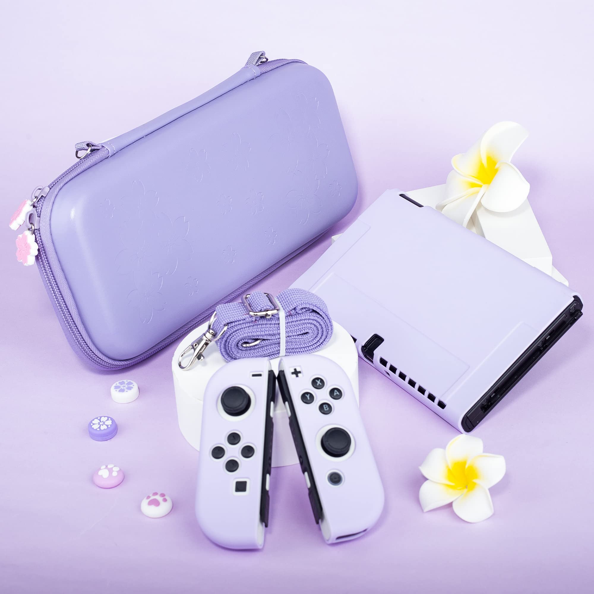 RHOTALL Sakura Étui de transport pour Nintendo Switch OLED avec coque souple, protecteur d'écran, 4 capuchons de pouce, bracelet et bandoulière Violet