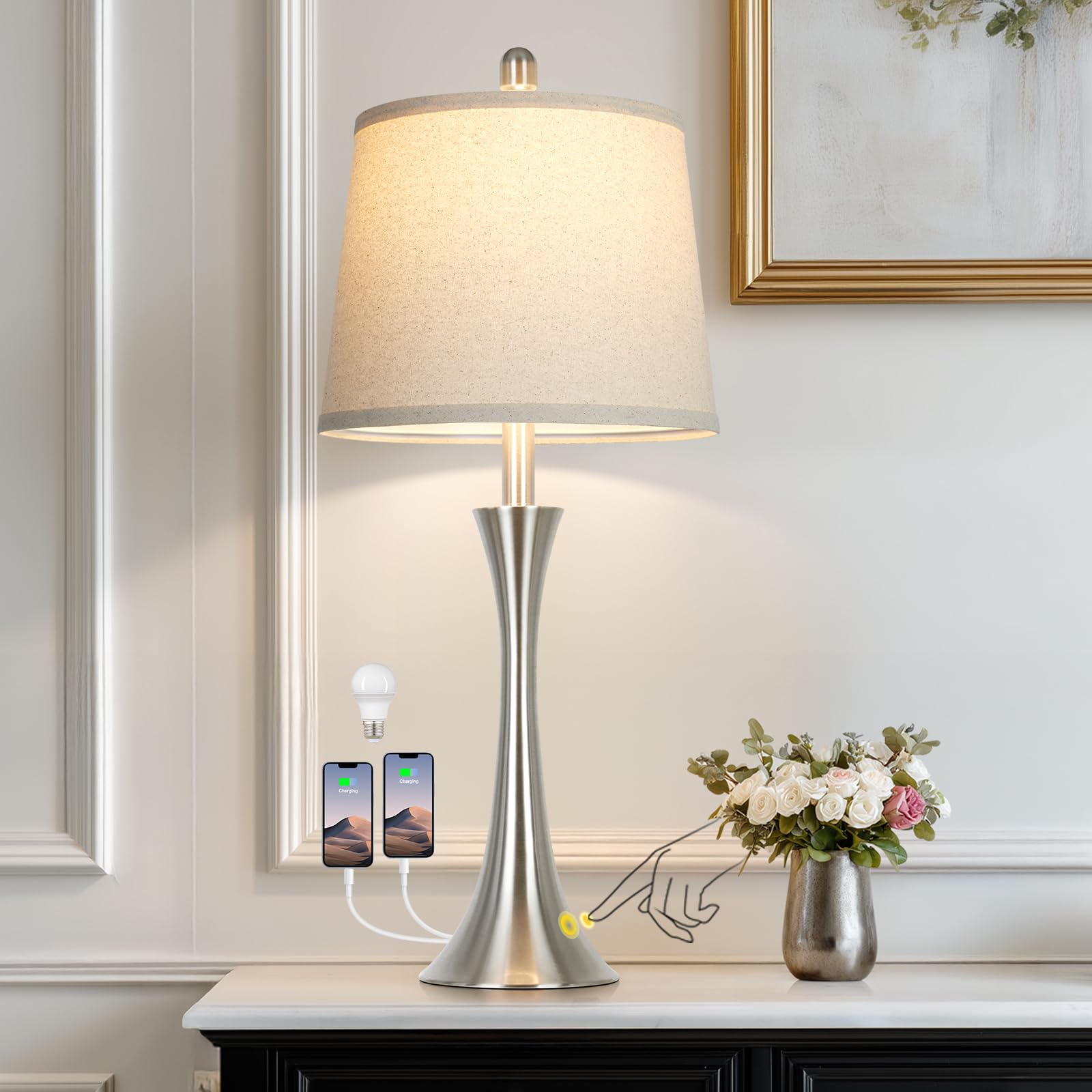 Rinweey 69.8 cm Silber Tischlampen, Touch Nachttischlampen mit USB C+A Ports, 3 Wege Dimmbare Nachttischlampen für Schlafzimmer, Wohnzimmer, Büro, Silberlampe mit beigem Lampenschirm, Glühbirnen