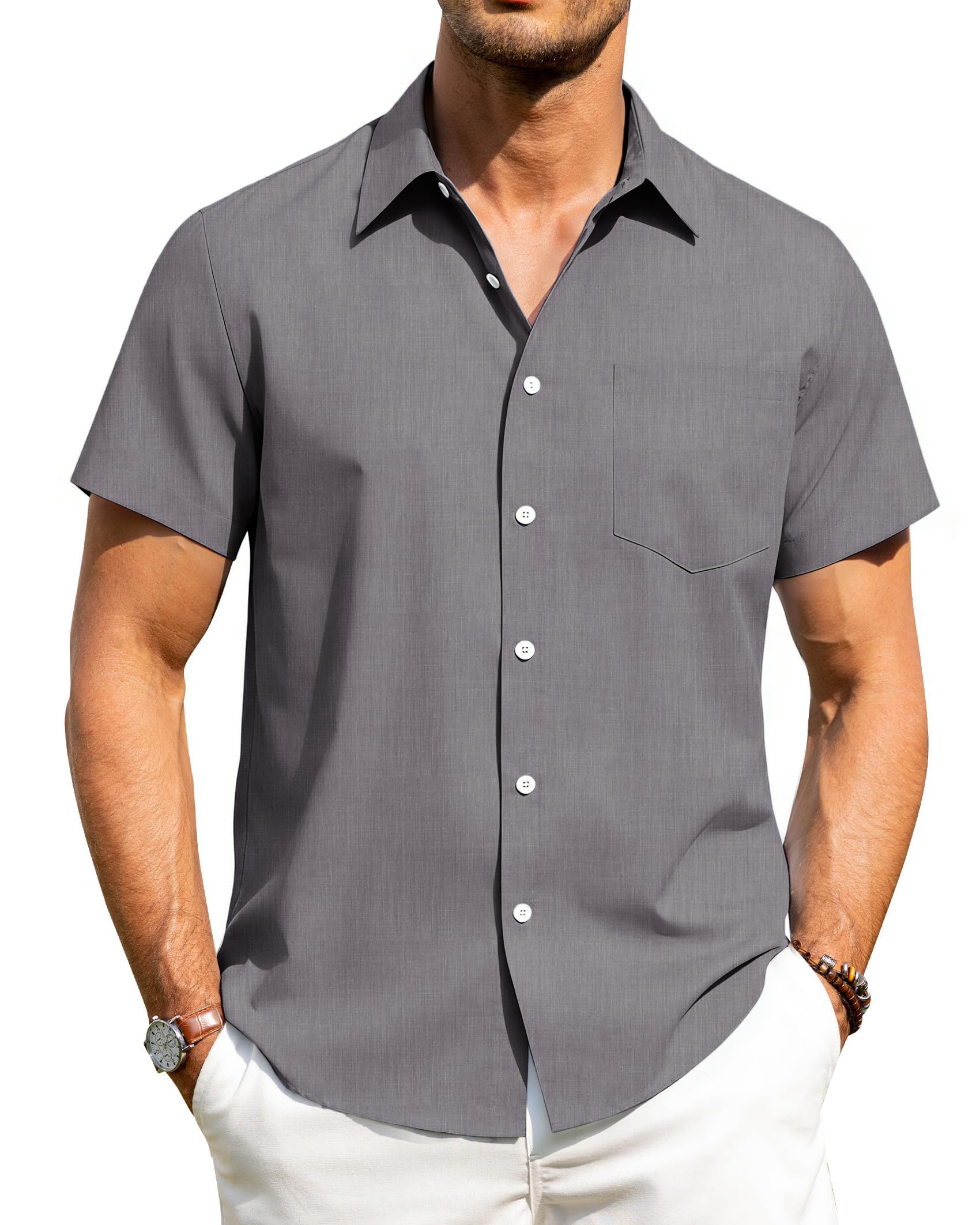 HMIYA Herren Hemd Kruzarm reizeit Button Down Shirt Sommer Strandhemd Freizeithemd Regular mit Tasche