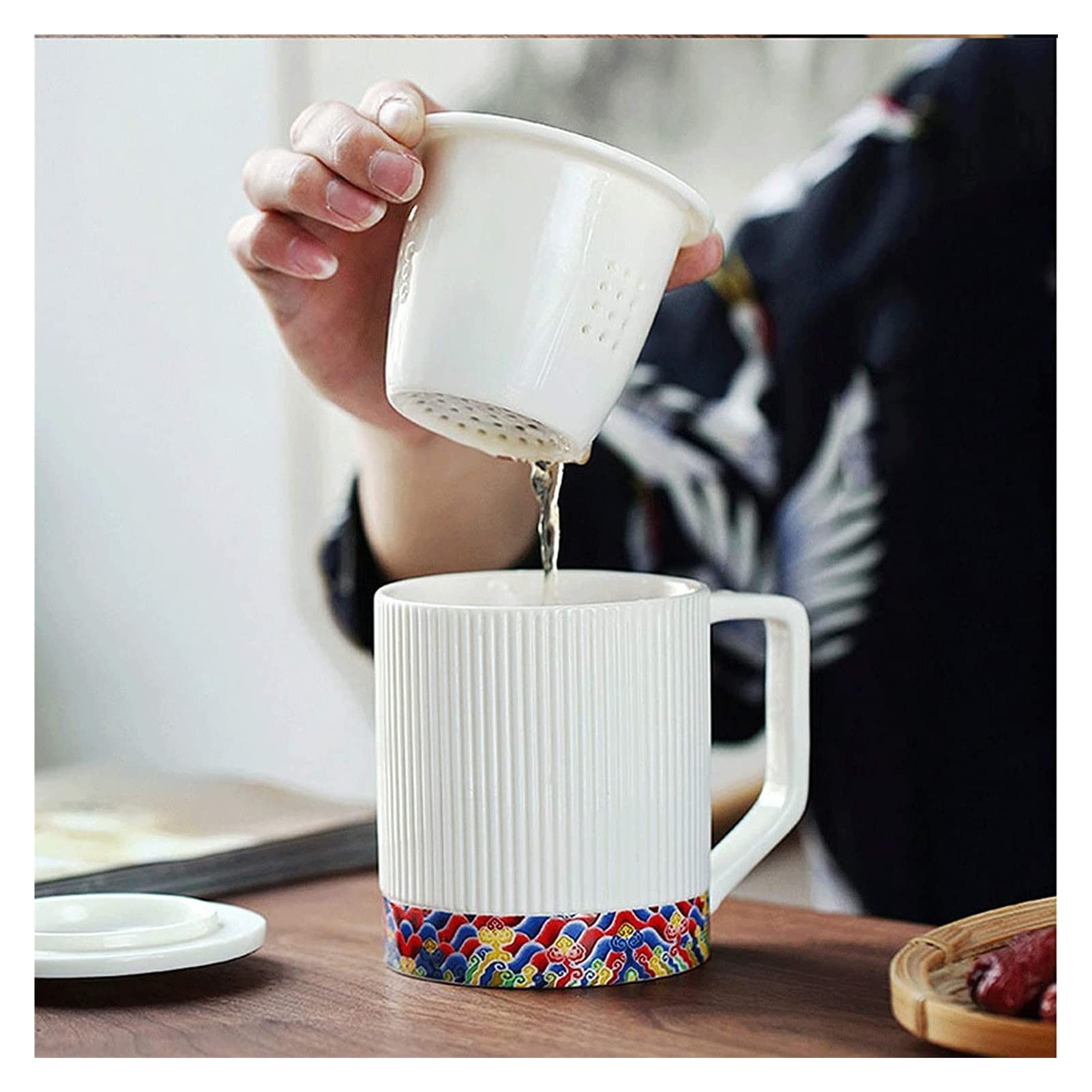 Taza de café de cerámica, taza de té para oficina y hogar, taza de café de cerámica con separador de té, taza de agua de 400 ml con tapa, mango antiquemaduras, exquisita para Navidad, día de San