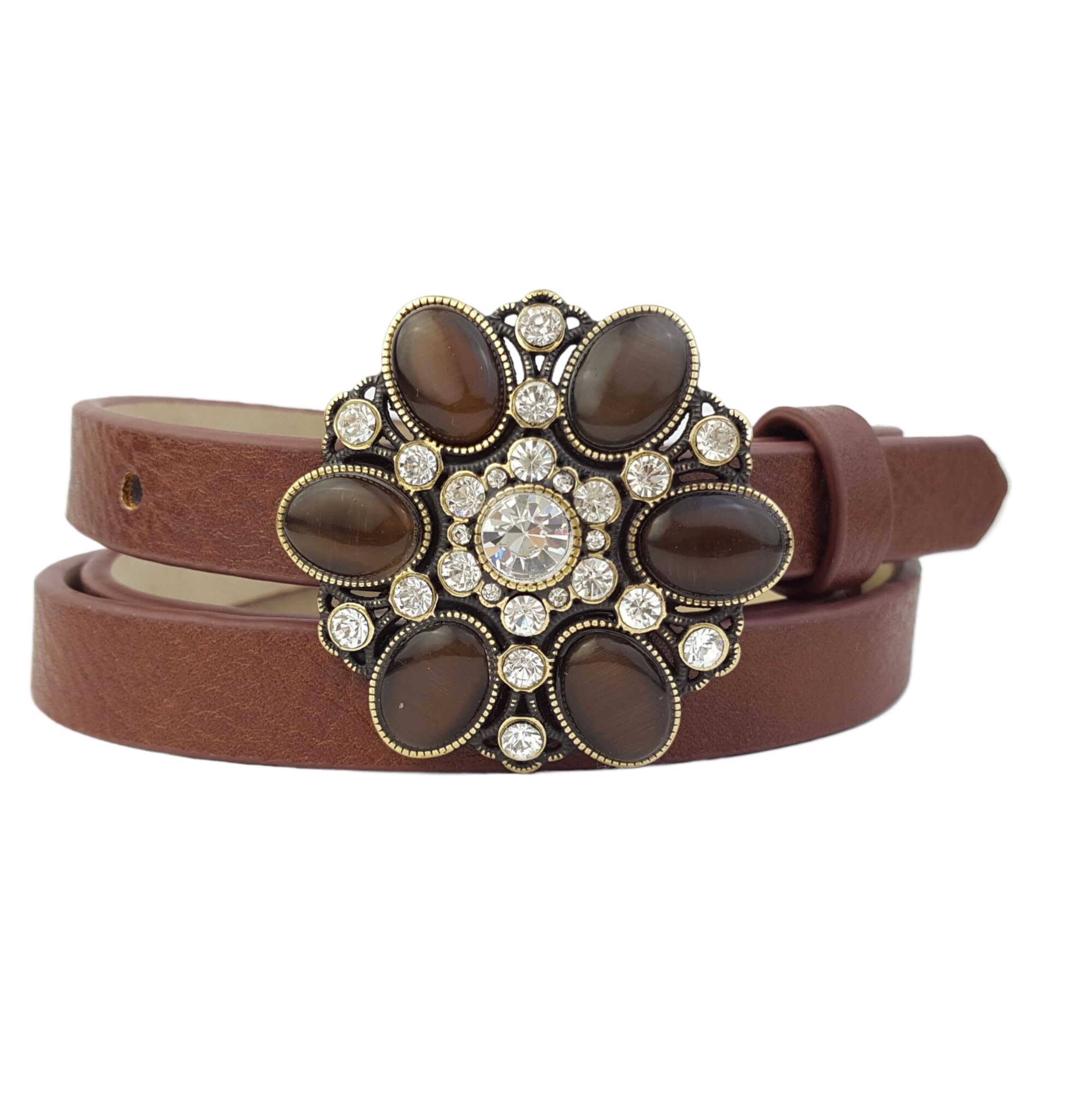 AXESORIA: Crystal & Stone Flower Buckle In Skinny Belt Brown S/M