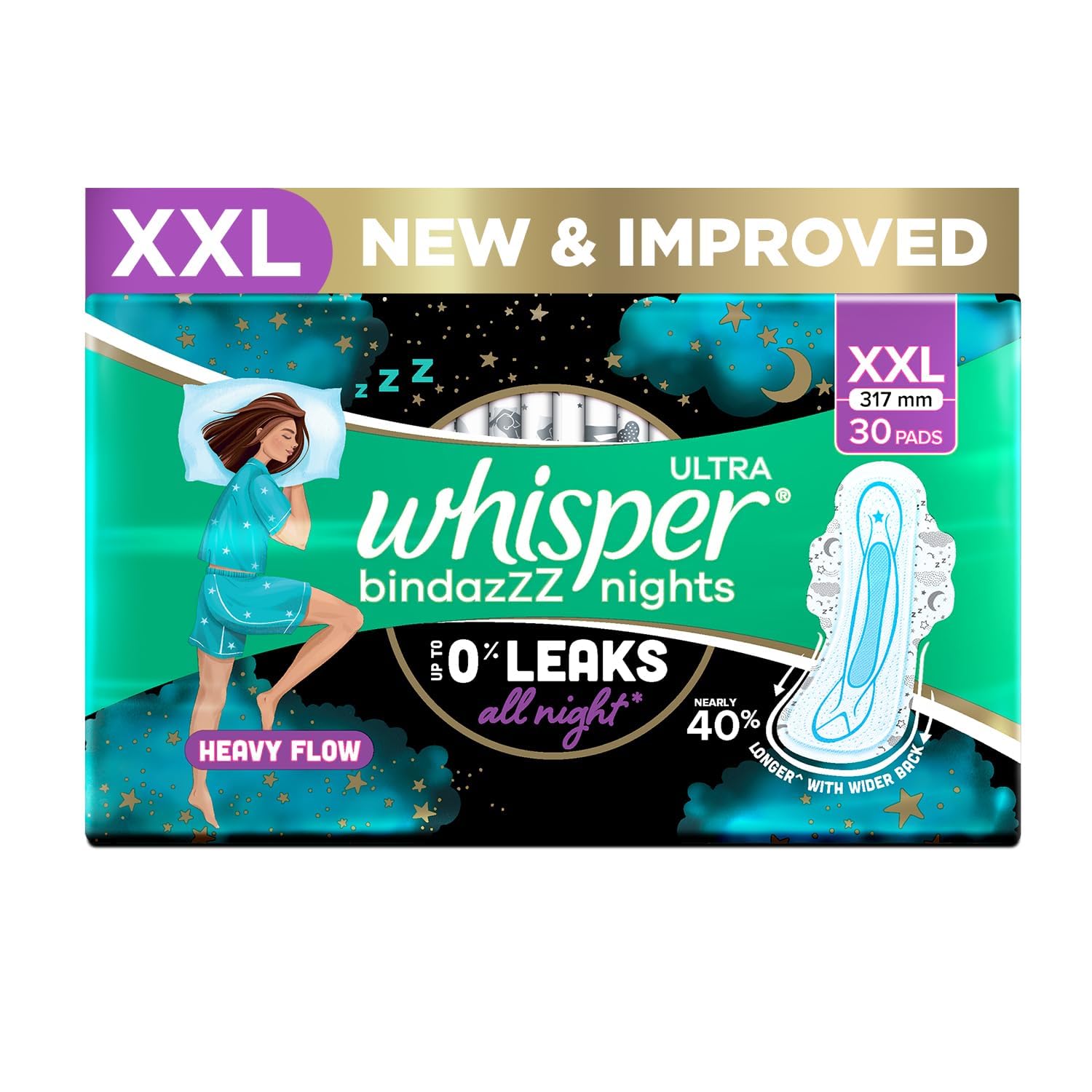Whisper Ultra Overnight Sanitary Pads with Wings - 30 Pieces (XL Plus)