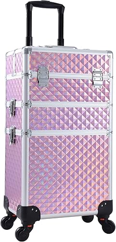 Adazzo Estuche de aluminio 3 en 1 para maquillaje profesional con ruedas de rotación de 360 para maquillador, organizador de maleta cosmética con