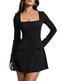 Women's Sexy Square Neck Long Sleeve A-Line Mini Party Dress with Pockets