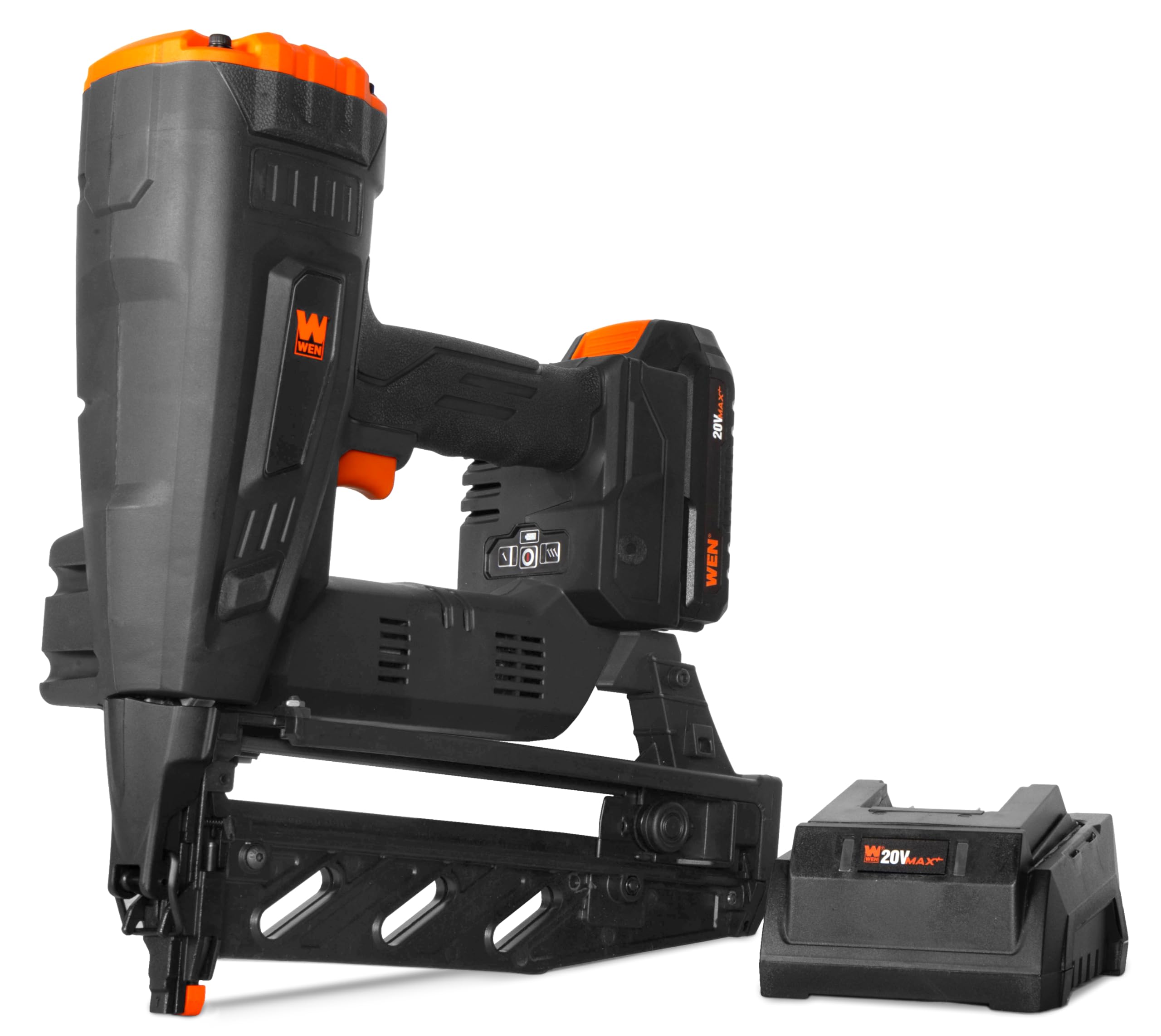 WEN 20V Max Cordless Brushless 16-Gauge Brad Nailer with 2.0Ah Battery and Charger (20516)