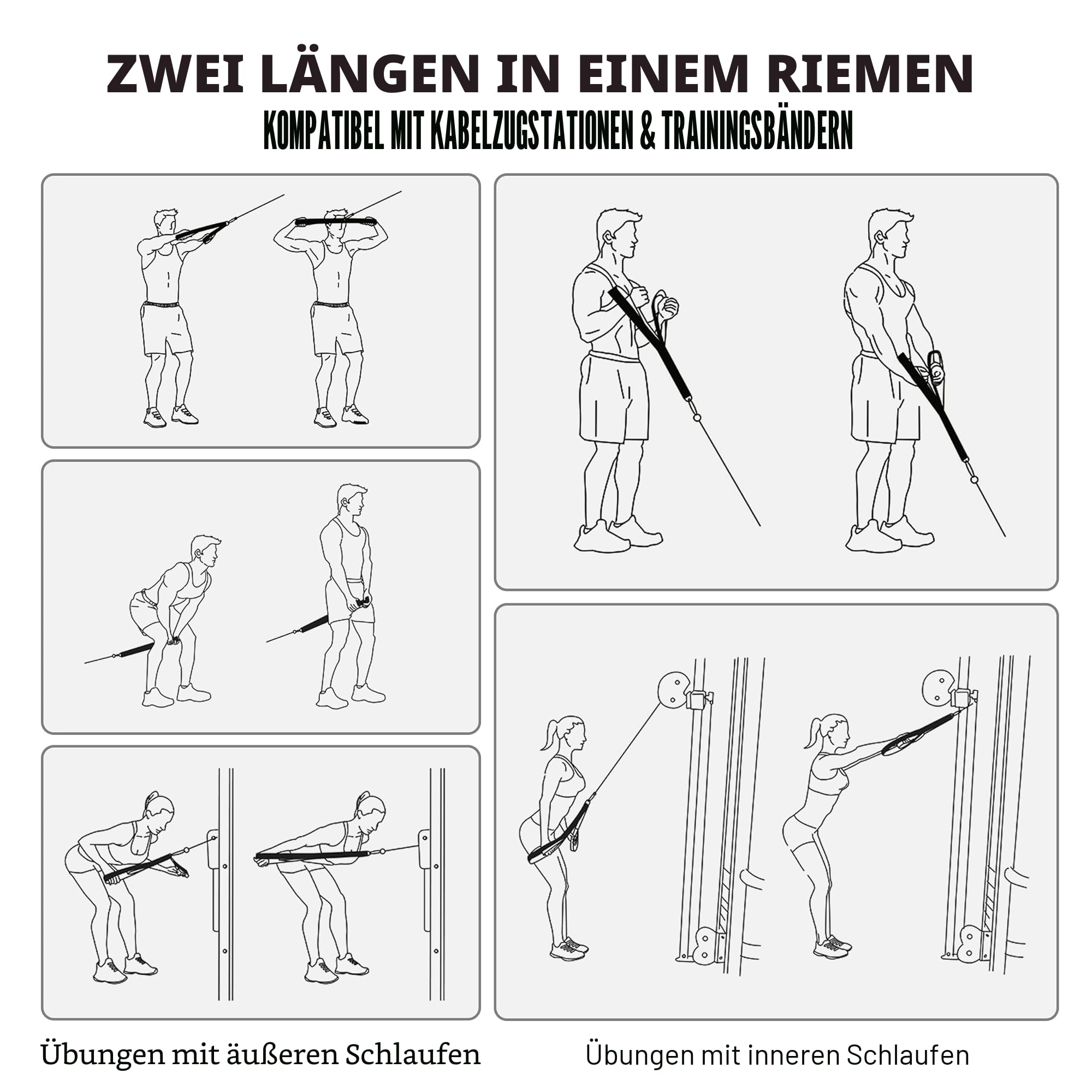 Vulken Trizepsseil-Kabelbefestigung, zwei Größen in einem, extra langes Zugseil, Trizeps-Verlängerungsgurte, Fitnessgerät, Griffe für Trainingsbänder zu Hause (L)