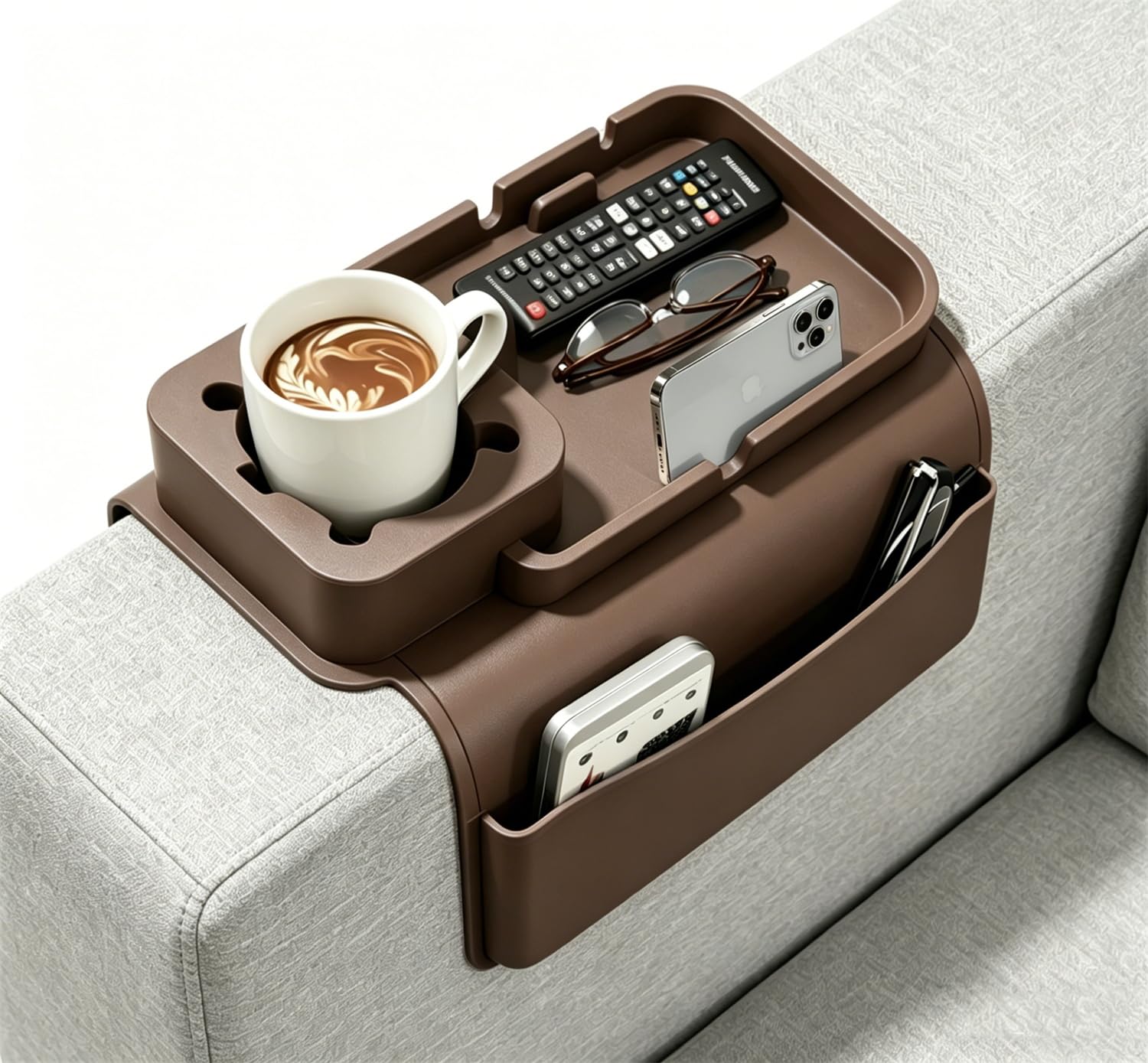 Silicone Sofa Arm Caddy with Extra Large Cup Holder & Phone Tablet Stand, Non-Slip Heatproof Armrest Organiser with Multi Pockets for Remotes, Drinks, Snacks & Glasses (Mocha)