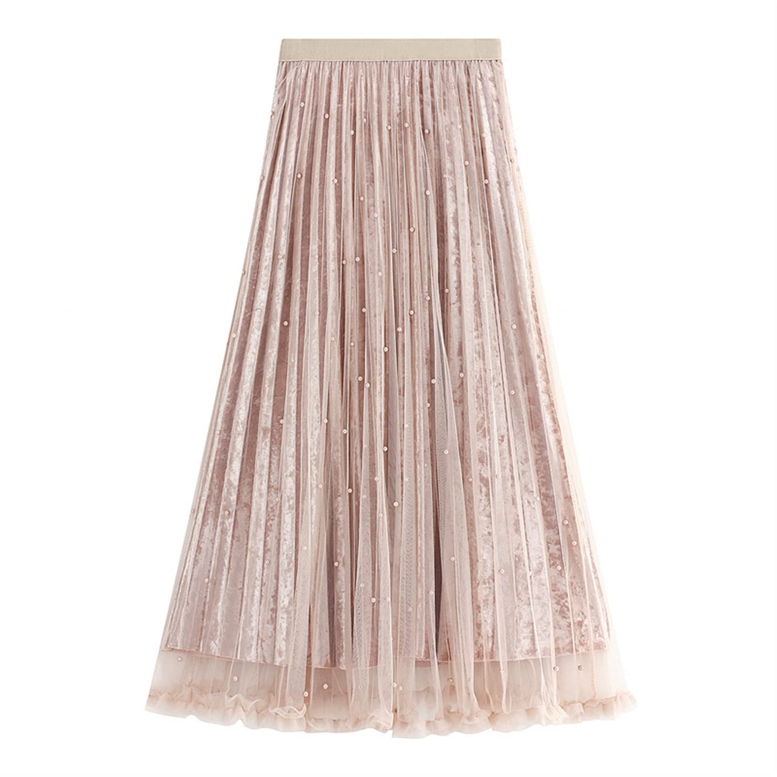 Falda larga de malla de cintura alta para mujer, faldas midi de tul de terciopelo plisado con cuentas de perlas de primavera y otoño para mujer (color: negro, tamaño: talla única) (albaricoque talla
