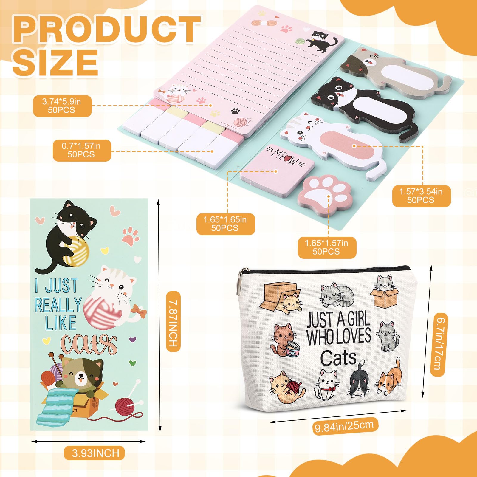 MotiMind Juego de 6 artículos de papelería con temática de gatos, incluye bolígrafos de gel, bolsa para bolígrafos, notas adhesivas, bolsa de cosméticos de viaje para amantes de los gatos, Con color