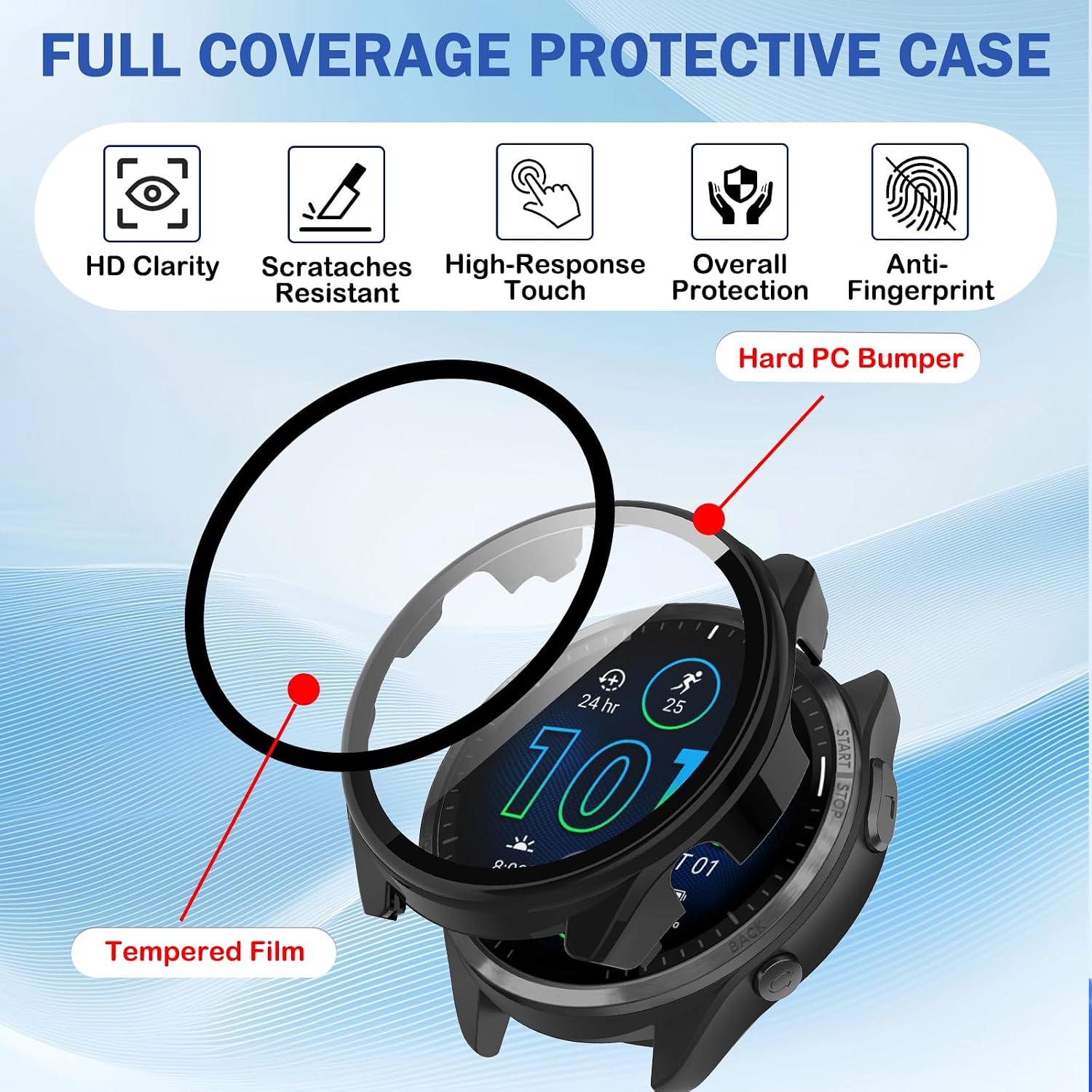 2 Pack for Garmin Forerunner 965 Smartwatch Screen Protector Hard PC Case, Full Coverage HD Ultra-Thin Anti-scratch Protective Cover with Built-in Tempered Glass Film and Charge Dust Plug-Black