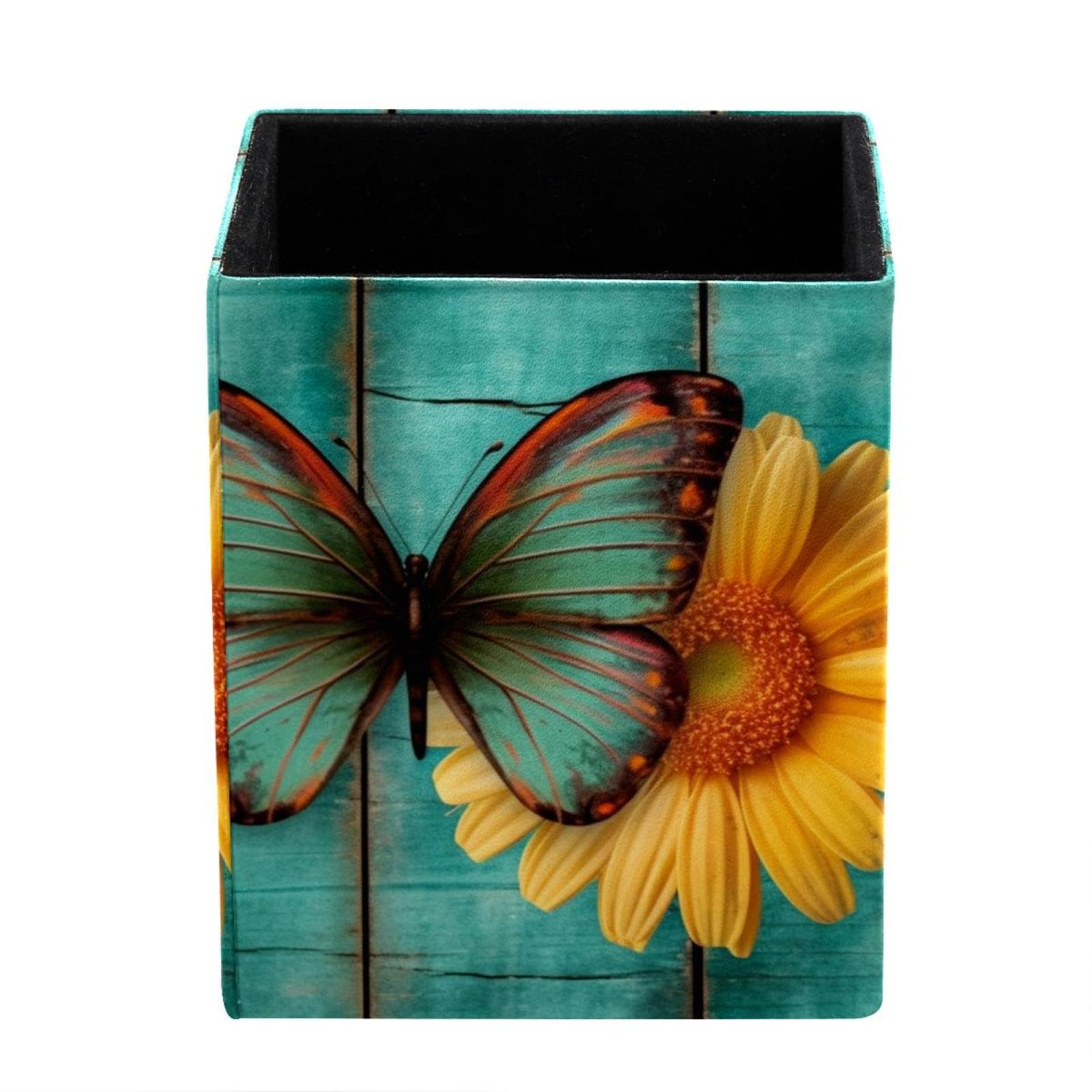 FWJZDSP Pencil Holder, Sunflower Butterfly on Teal Plank Pen Cup Makeup Brush Holder, Desktop Organizer Storage Case Stationery for School Home Office Supplies