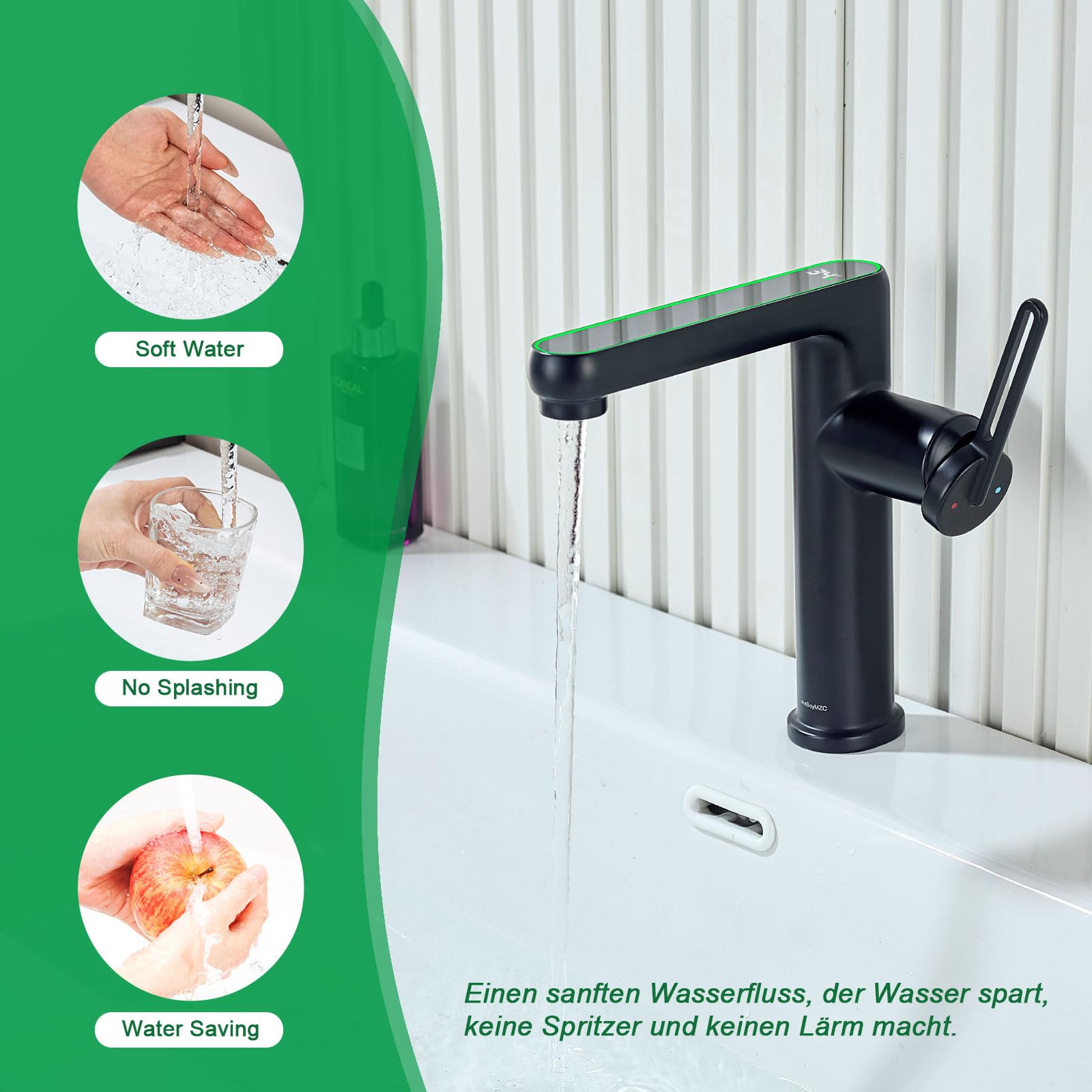 Grifo Lavabo Negro Extraible Ducha con LED Temperatura, 2 Modos Salida Agua | Mezclador de Lavabo Baño, Grifos Monomando, Apto Para Fregadero de Encimera, Aireador Extraíble, Agua Fría y Caliente,Negro