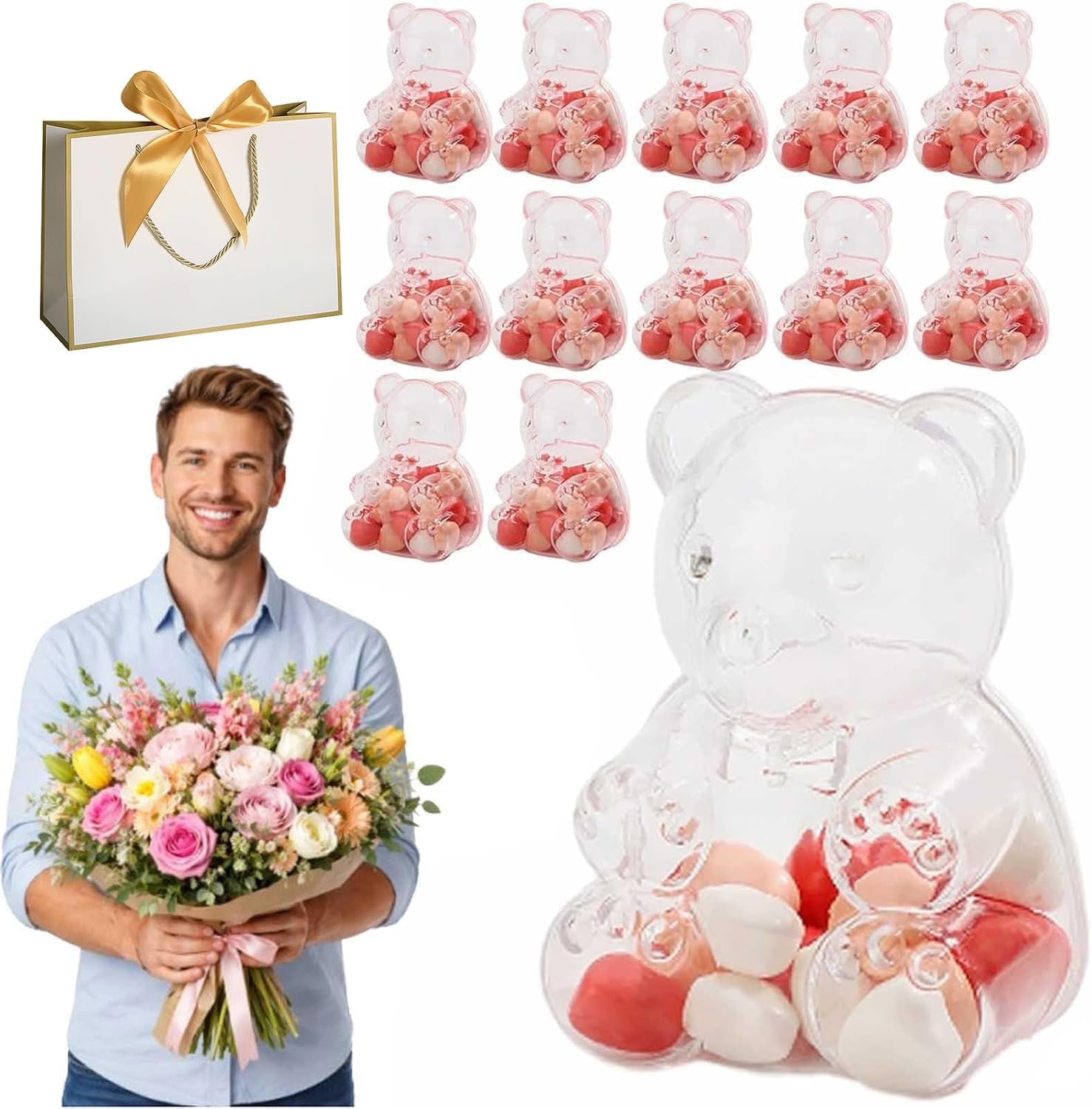 12Pcs Gummy Bear Containers Plastic, Large Clear Bear-Shaped Candy Storage Jar, Reusable Large Valentine's Day Gift Box, for Candy, Party Favors, Holiday Decor, DIY Craft Supplies(Clear)